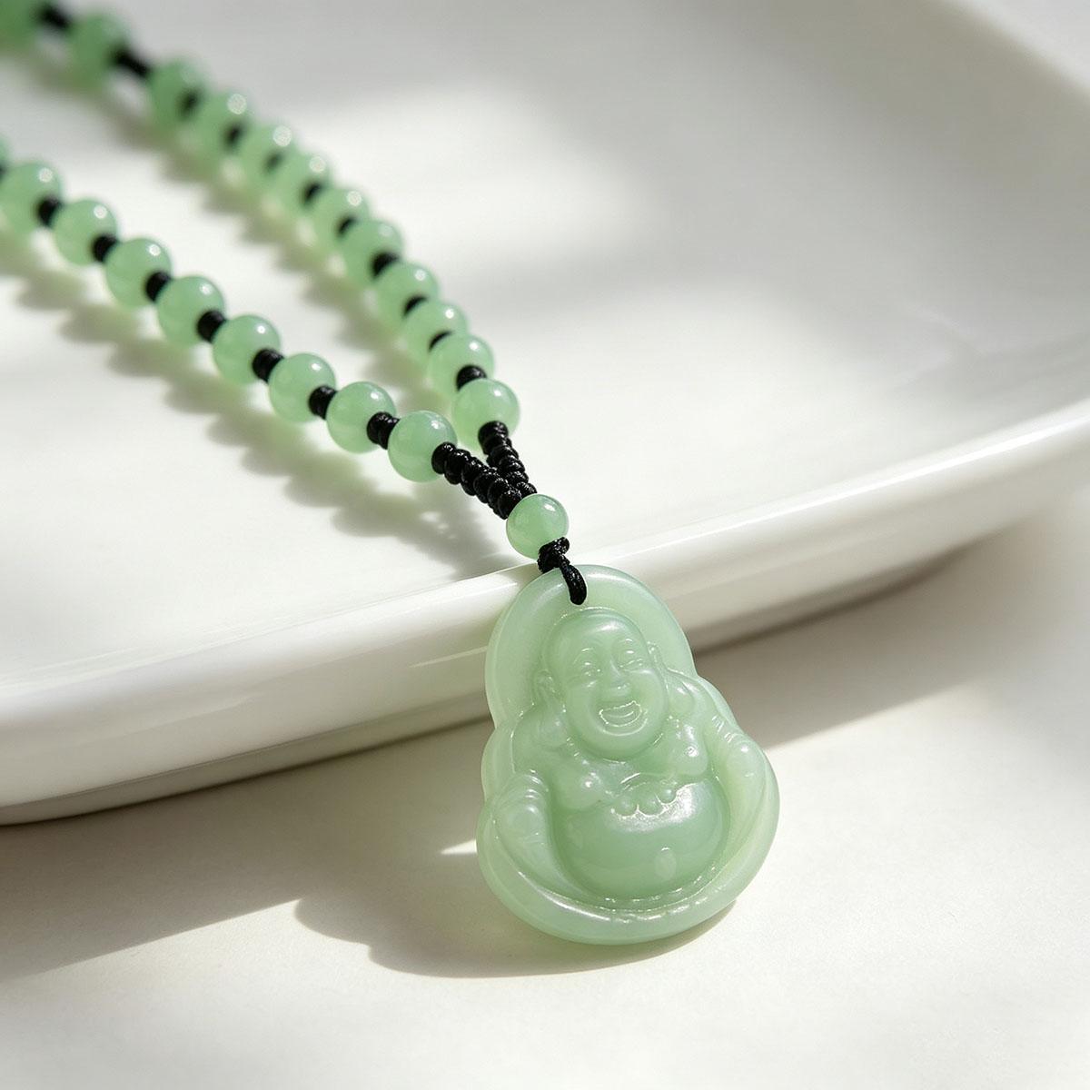 Daily Women's Light Green Laughing Buddha Pendant with Beads Necklace Maitreya Buddha Buddha Amulet Men and Women Couple Versatile Accessory