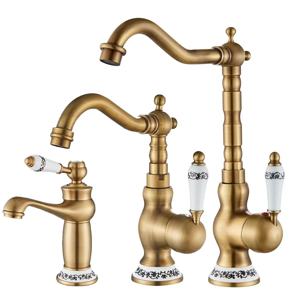Antik Pirinç Lavabo Musluğu Tek Kollu Karıştırıcı Musluk 360 Derece Döndürme Mutfak Musluğu Mutfak Karıştırıcı Muslukları Sıcak ve Soğuk