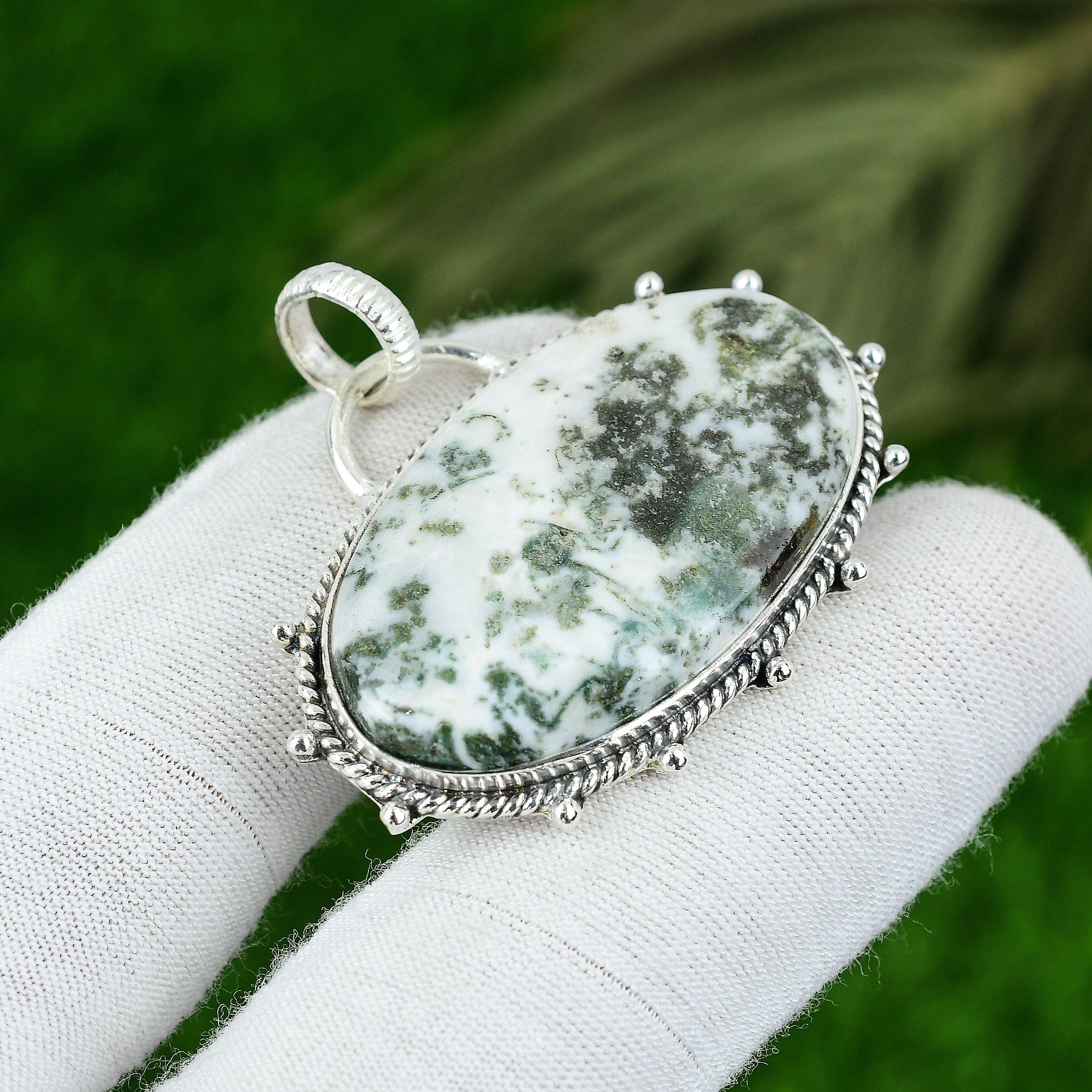 Gema Ágata Arbórea Natural Joia Indiana Prata Esterlina 925 Pingente Para Meninas