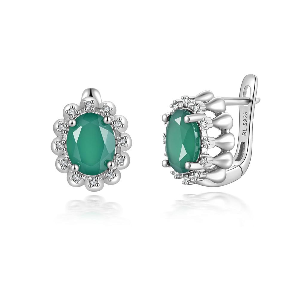 Simple and Elegant 925 Sterling Silver Natural Green Oval 7*9mm Agate Earrings for Women's Daily Wear Earrings