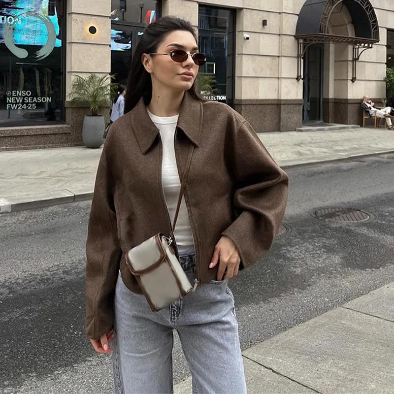 Women's Fashion Vintage Faux Fur Jacket Elegant Zipper Short Woolen Coats Long Sleeves Autumn Street Loose Lapel Outwear