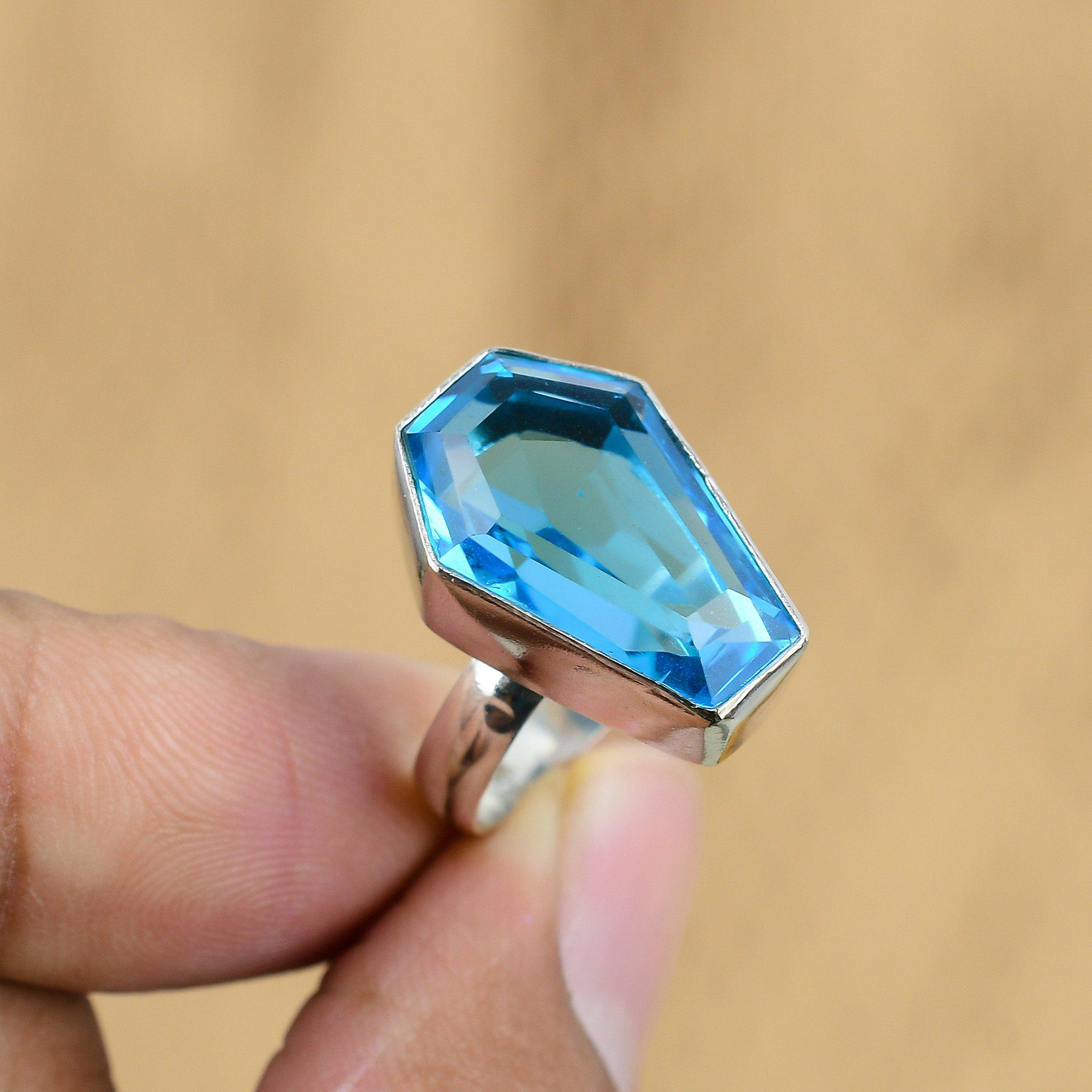 925 Silver Swiss Blue Topaz Stone Coffin Daughter Promise Statement Ring US 7.75
