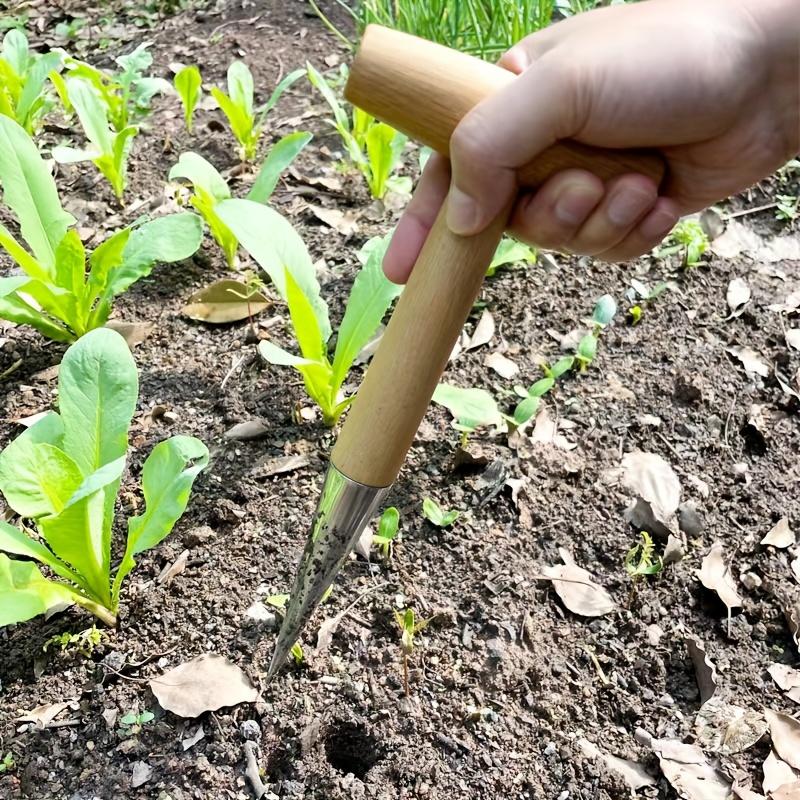 Garden Hole Punch Tool,with Wooden Handle for Easy Planting & Sapling Transplantation for Indoor/Outdoor Gardening, Seed Planter Tool