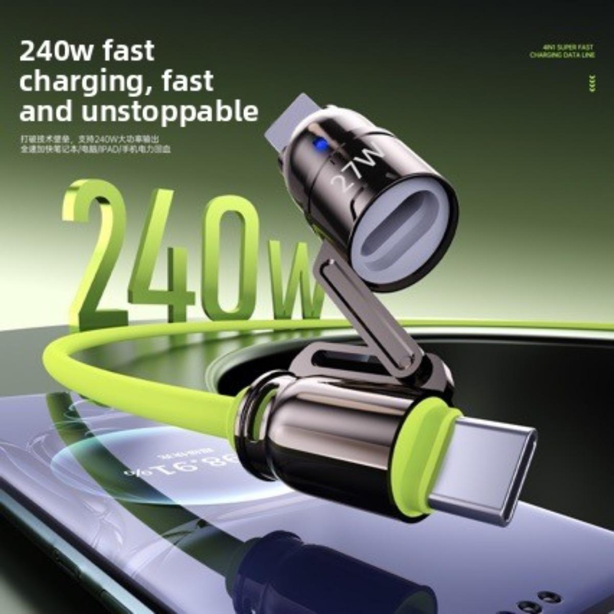 Maximum 240W 4-in-1 Fast Charging Cable, with Two Trailing Charging Cables, Equipped with USB-A/Type-C/Lightning, 4-in-1 Fast Charging Cable