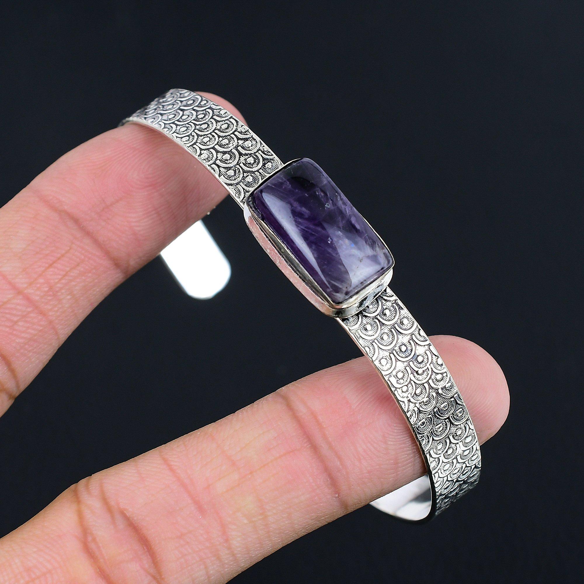 Anniversary Gift For Her Natural Star Amethyst Bangle Adjustable 925 Silver