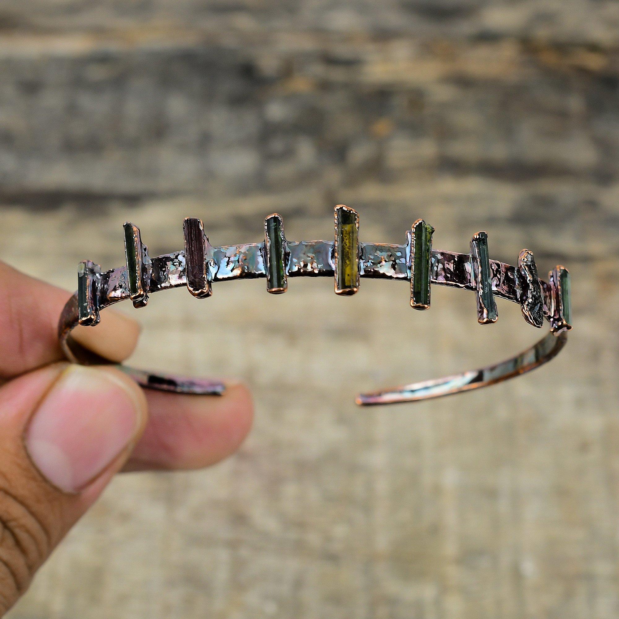 Multi Tourmaline Rough Cuff Bracelet Electroformed Copper Bangle Gemstone Adjustable Bangle Handmade Electroformed Jewelry Anniversary Gift