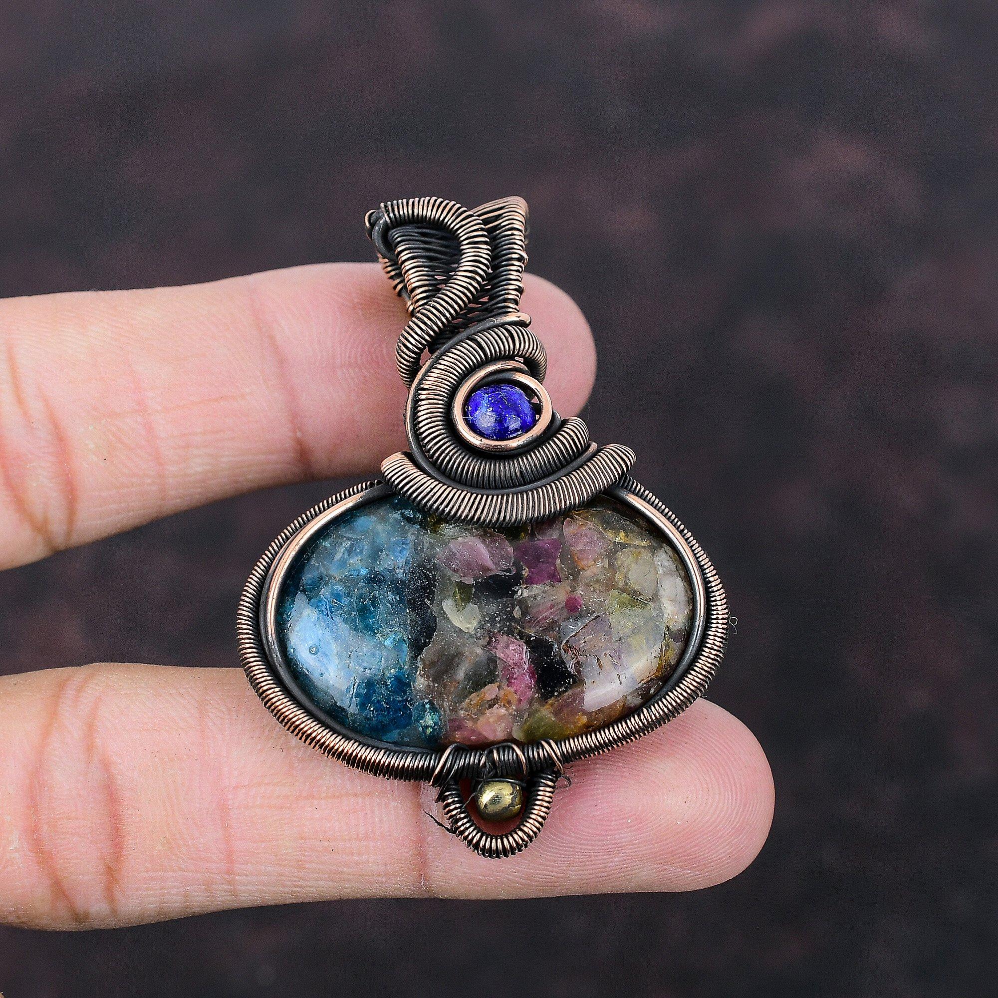 Cupru, pepene verde, turmalina, pandantiv, sârmă de cupru, învelit, pandantiv, lapis-lazuli, pietre prețioase, bijuterii de cupru, cadou pentru mama, pandantiv lucrat manual