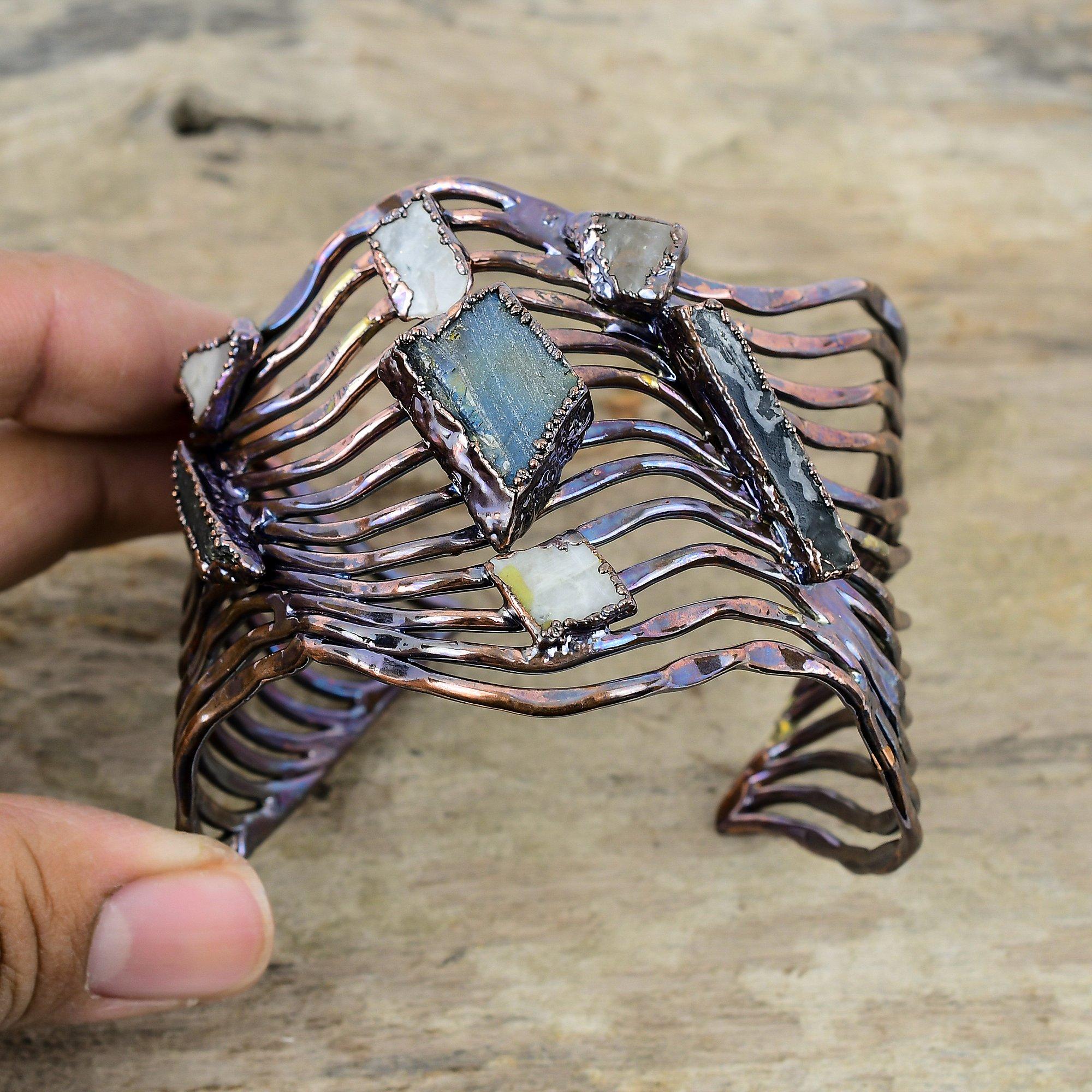 Labradorite Bangle Electroformed Copper Cuff Bracelet Adjustable Bangle Rainbow Moonstone Gemstone Bracelet Handmade Electroformed Jewelry