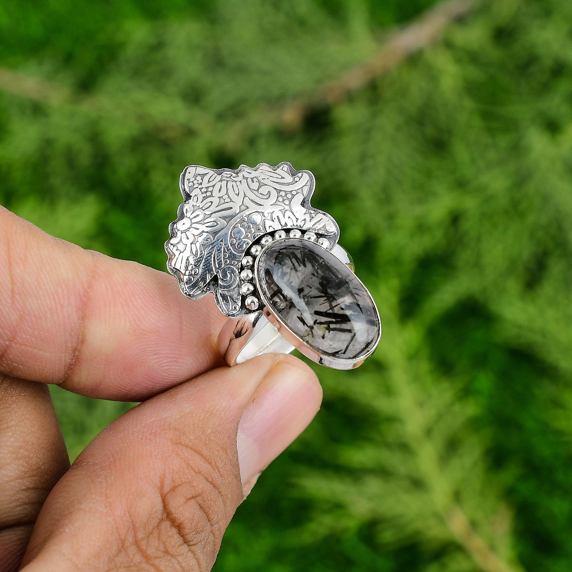 Black Rutilated Quartz Stone 925 Sterling Silver Daughter Wedding Statement Ring