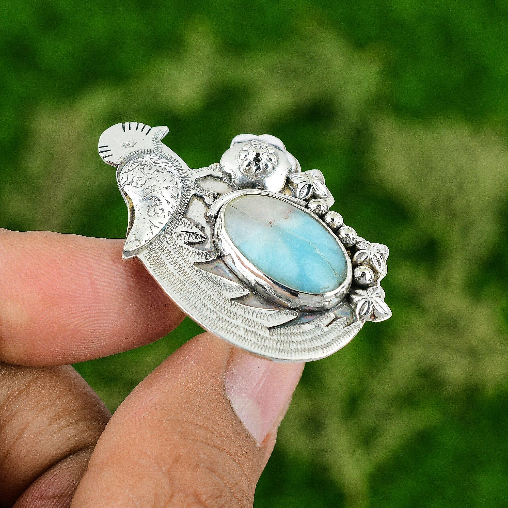 Natural Larimar Gemstone 925 Silver Promise Bird Adjustable Ring For Girls