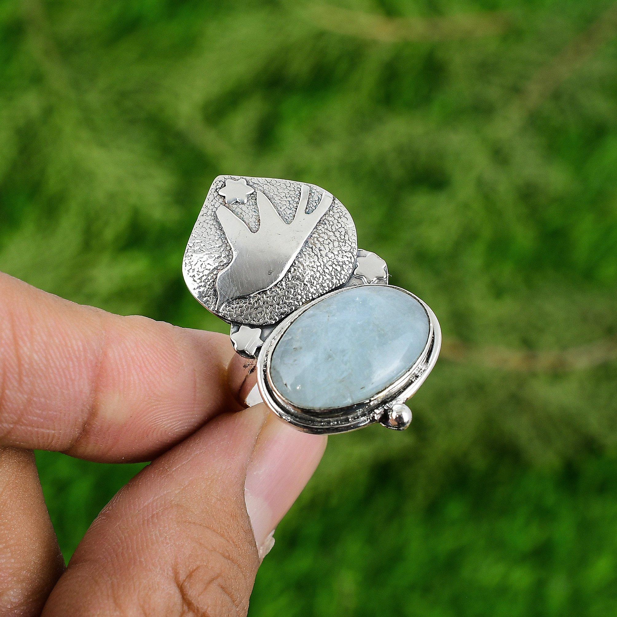 Natural Aquamarine Gemstone Statement Bird Adjustable Ring 925 Silver For Women