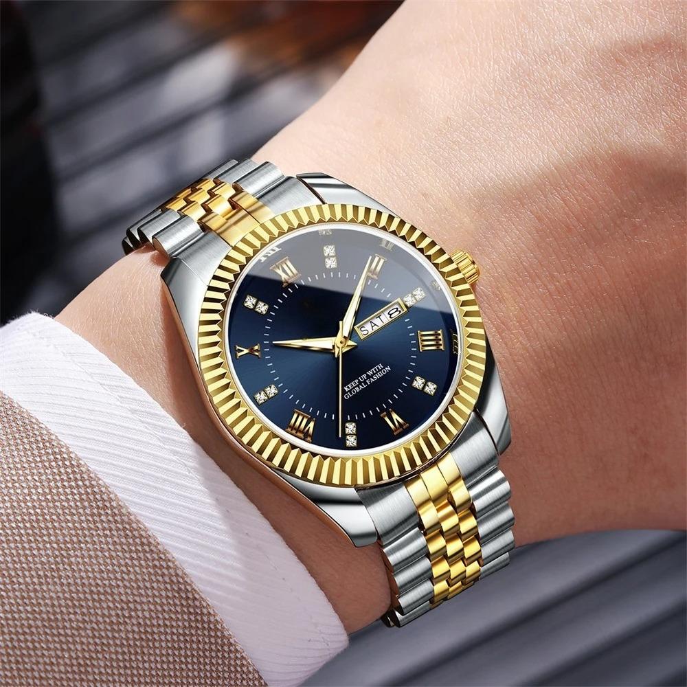 Wristwatch for Men Stainless Steel Date Quartz Watch Waterproof Luminous Casual Watches