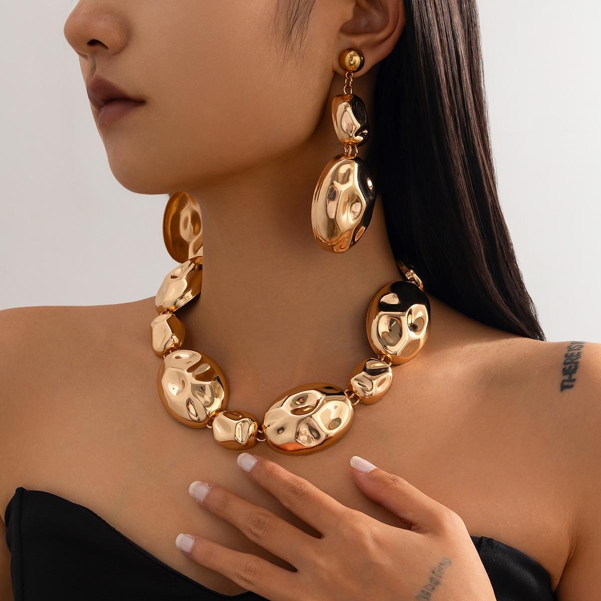 Bohemian Irregular Oval Metal Choker Necklace Women Statement Punk Pendant Earrings Hip Pop Jewelry Accessory
