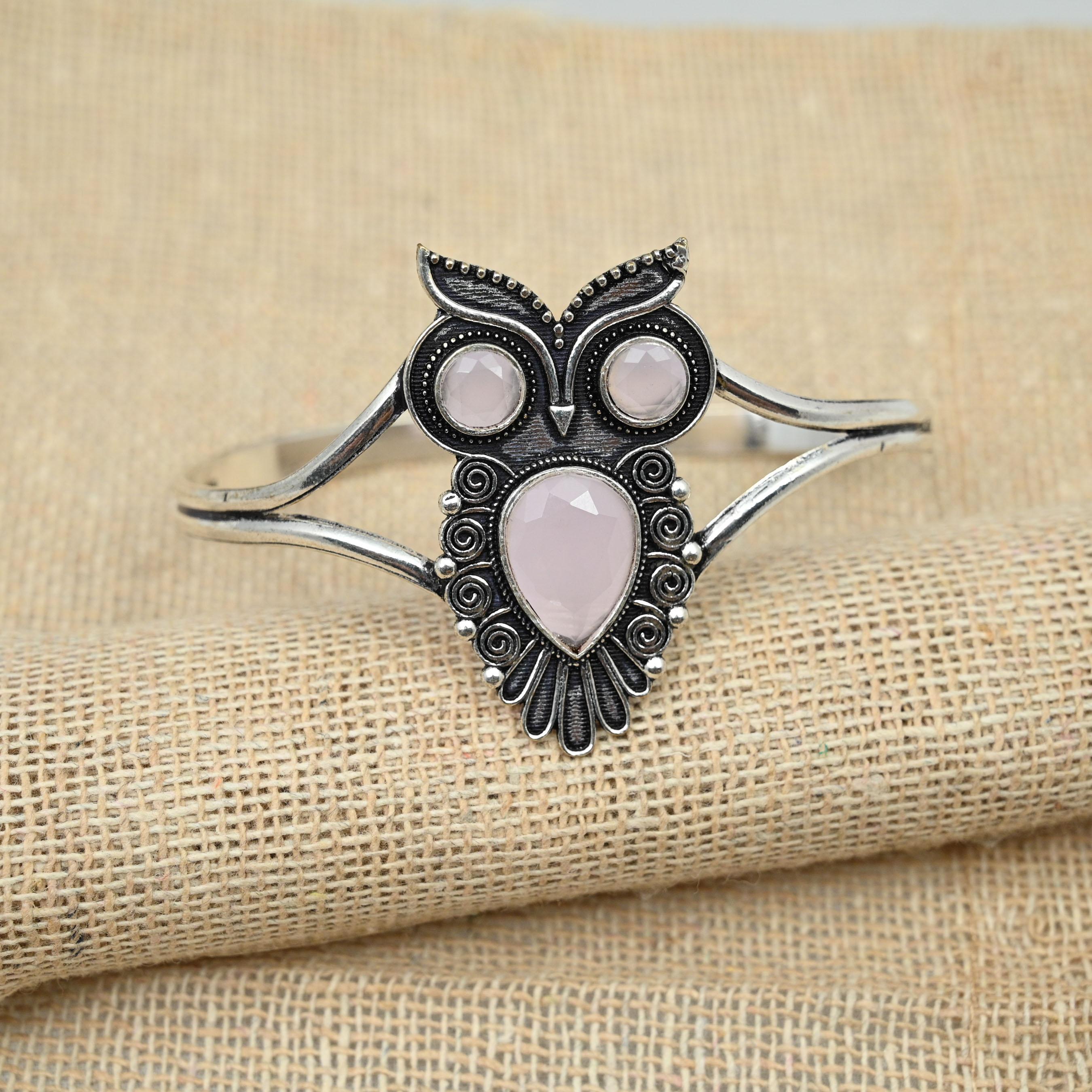 Pink Chalcedony Gemstone Jewelry 925 Sterling Silver Handmade Bracelet Cuff Adjustable Owl Design Bangle