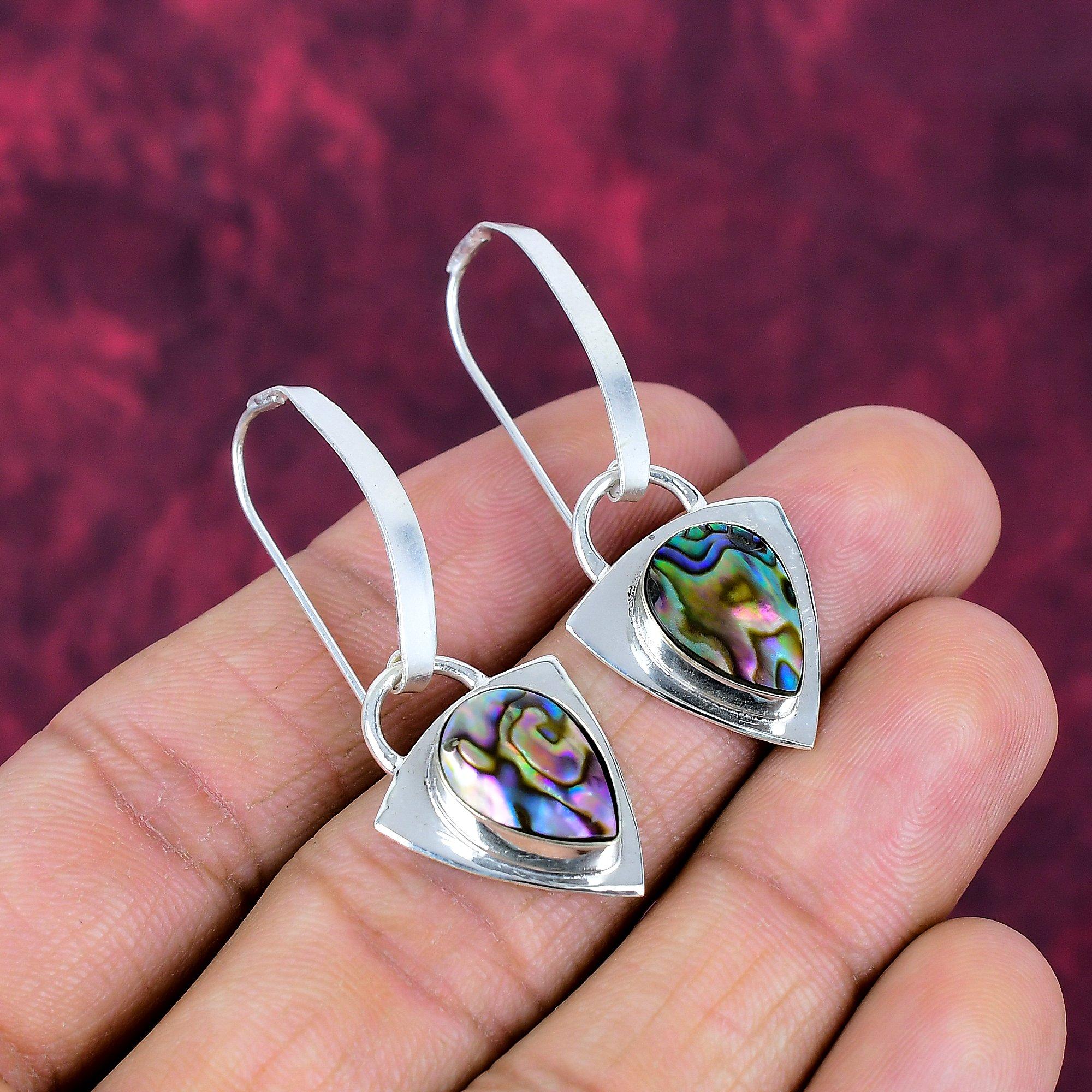 Abalone Shell 925 Solid Sterling Silver Earrings, Handmade Gemstone Earrings Jewelry, Gifts For Wife Brand New Earrings