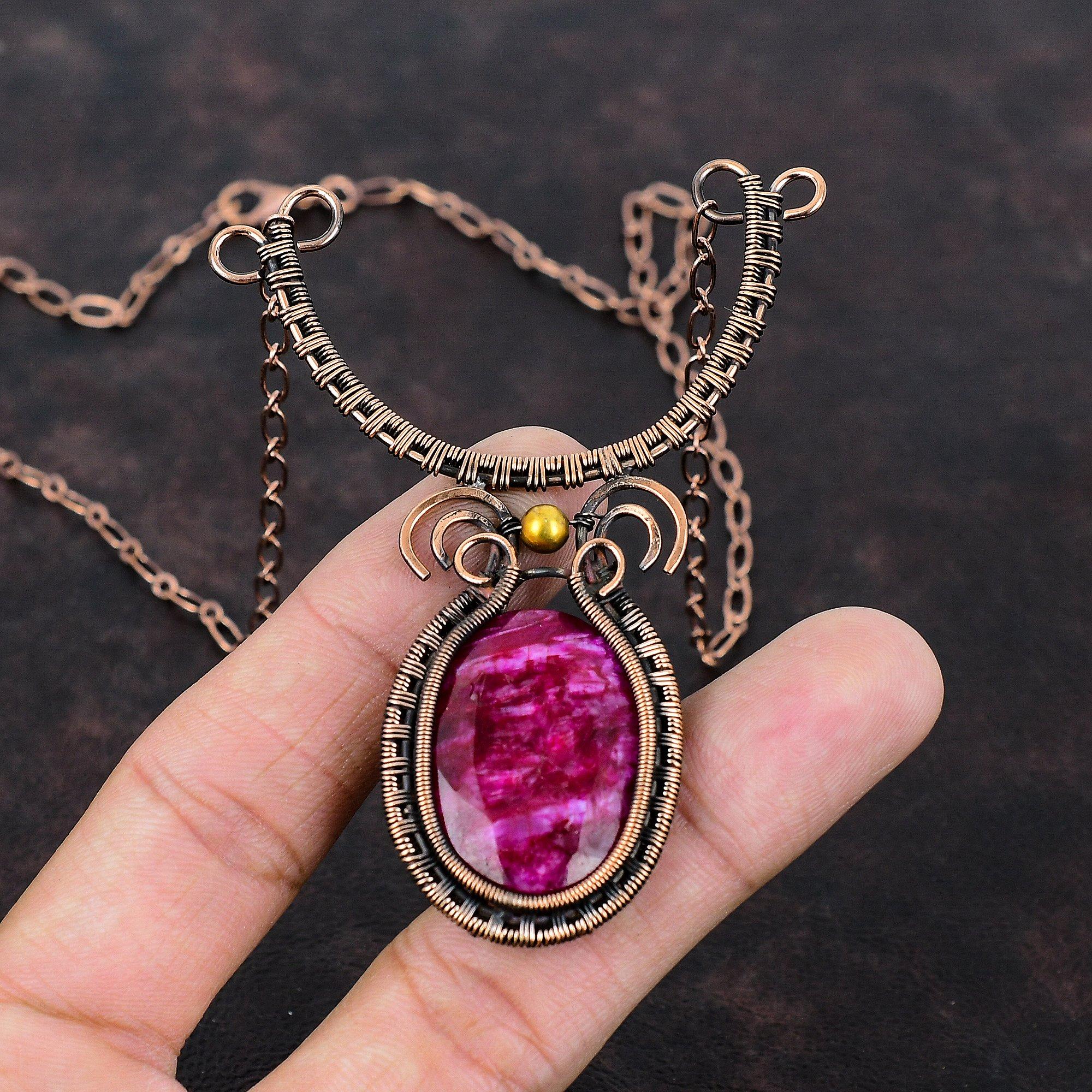 Faceted Kashmir Ruby Gemstone Necklace Copper Wire Wrapped Jewelry Adjustable Necklace Handmade Copper Wire Wrapped Necklace Engagement Gift