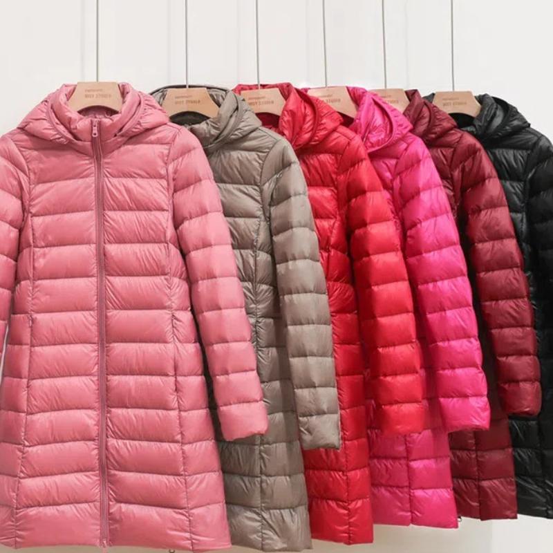Women's Lightweight Down Coat, Mid-Length White Duck Feather Jacket With Detachable Hood, Korean Style Plus Size Warm Trench Coat For Cold Weather