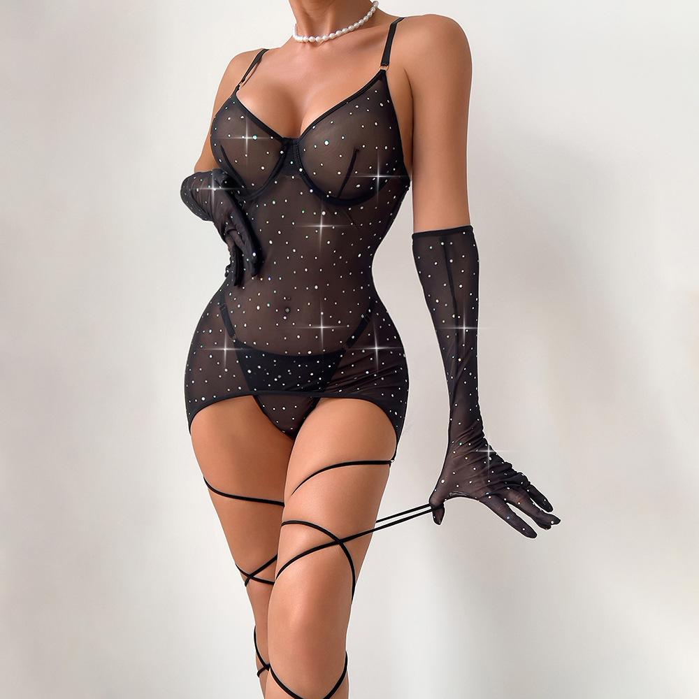 Sequin Transparent Lingerie Set with Gloves Women Mesh 3-Piece Brief Intimates Sexy Erotic Underwear Set