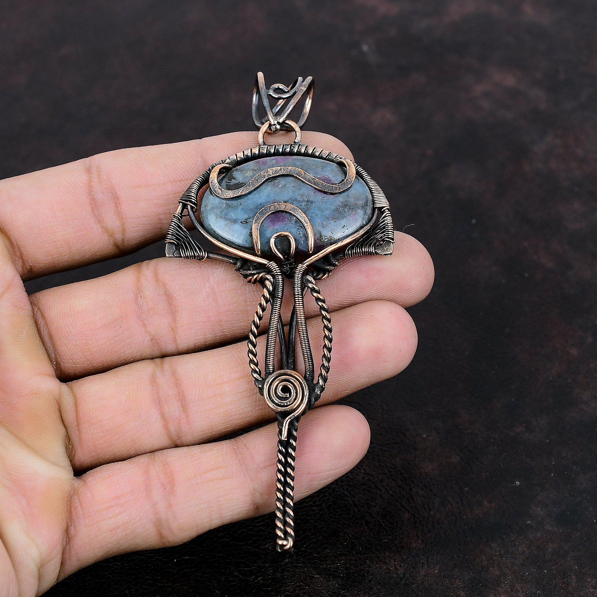 Ruby In Blue Kyanite Pendant Copper Wire Wrapped Pendant Genuine Gemstone Pendant Handmade Wire Wrap Jewelry Gift For Friend Copper Jewelry