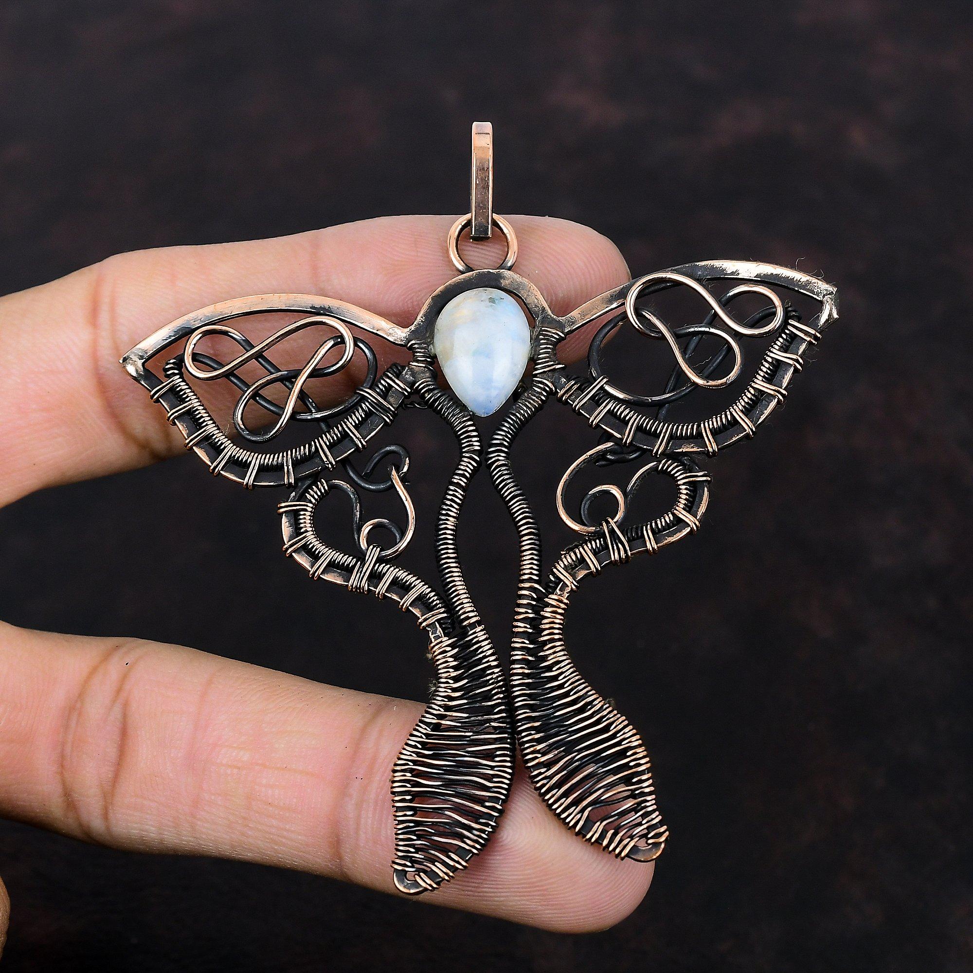 Rainbow Moonstone Pendant Copper Wire Wrapped Pendant Handmade Jewelry Butterfly Pendant Unique Copper Jewelry Gemstone Pendant Gift For Mom
