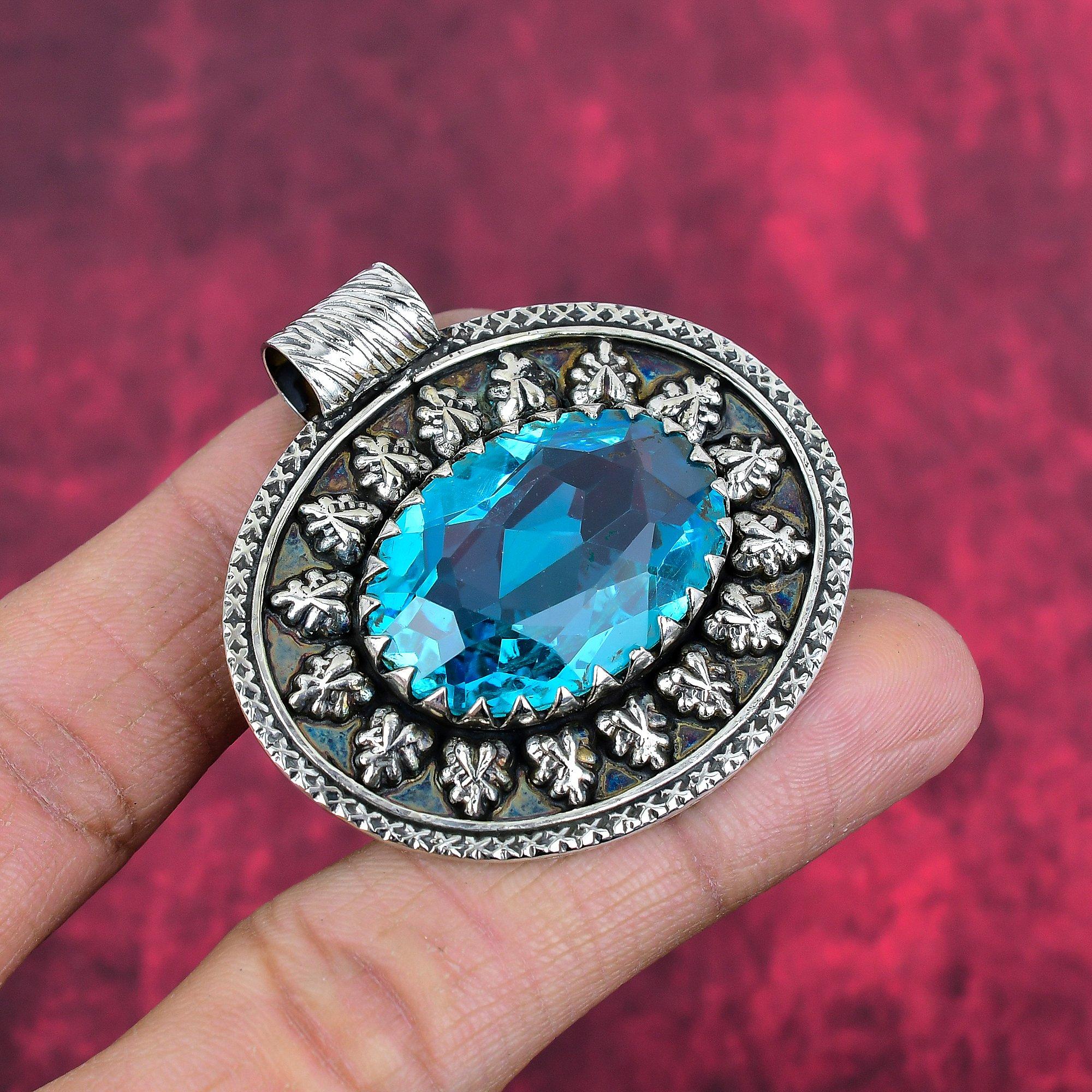 Blue Topaz Pendant, 925 Solid Sterling Silver Gemstone Jewelry, Handmade Pendant, For Thanksgiving