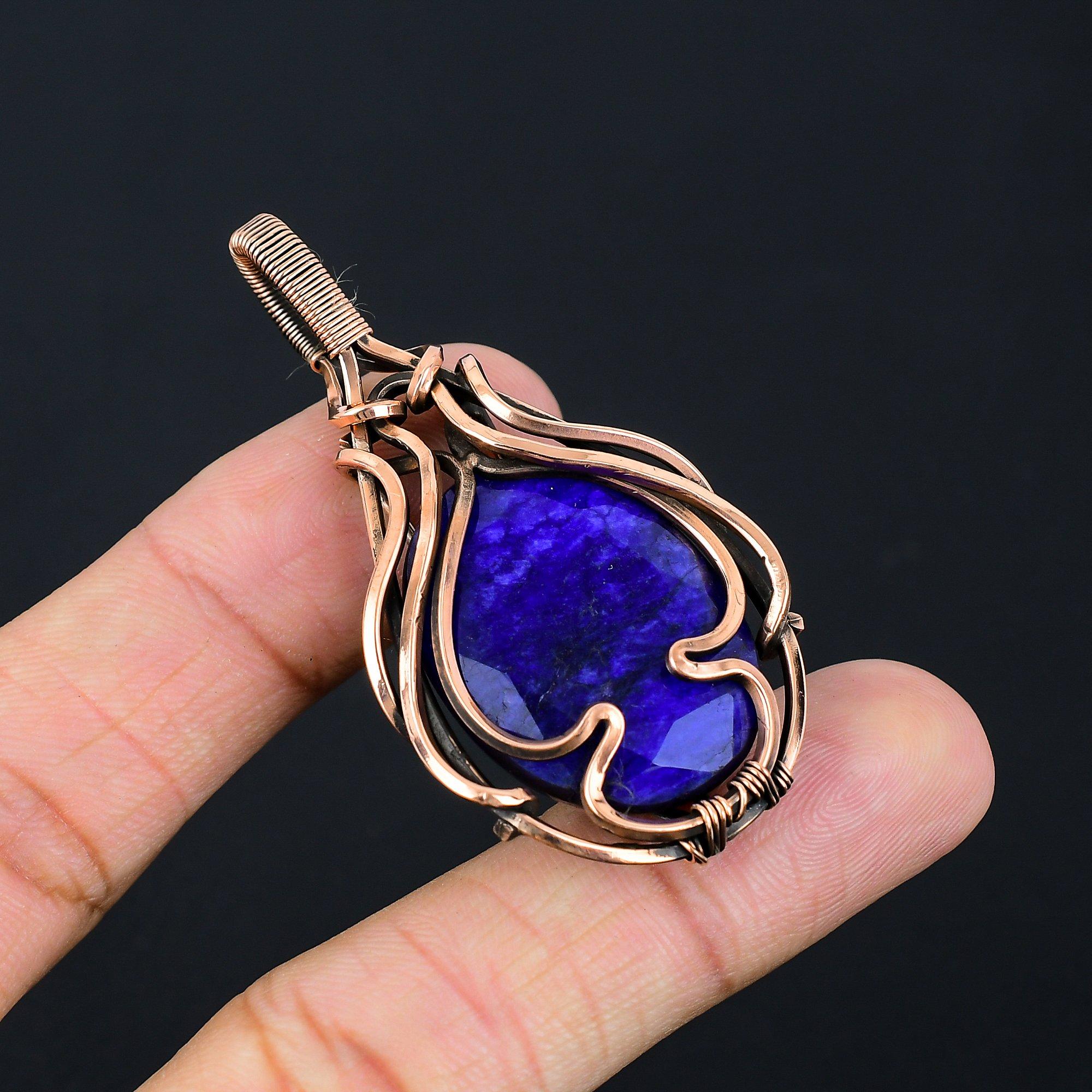 Lab-Created Blue Sapphire Gemstone Handmade Pure Copper Wire Wrapped Pendant Jewelry For Memorial Day