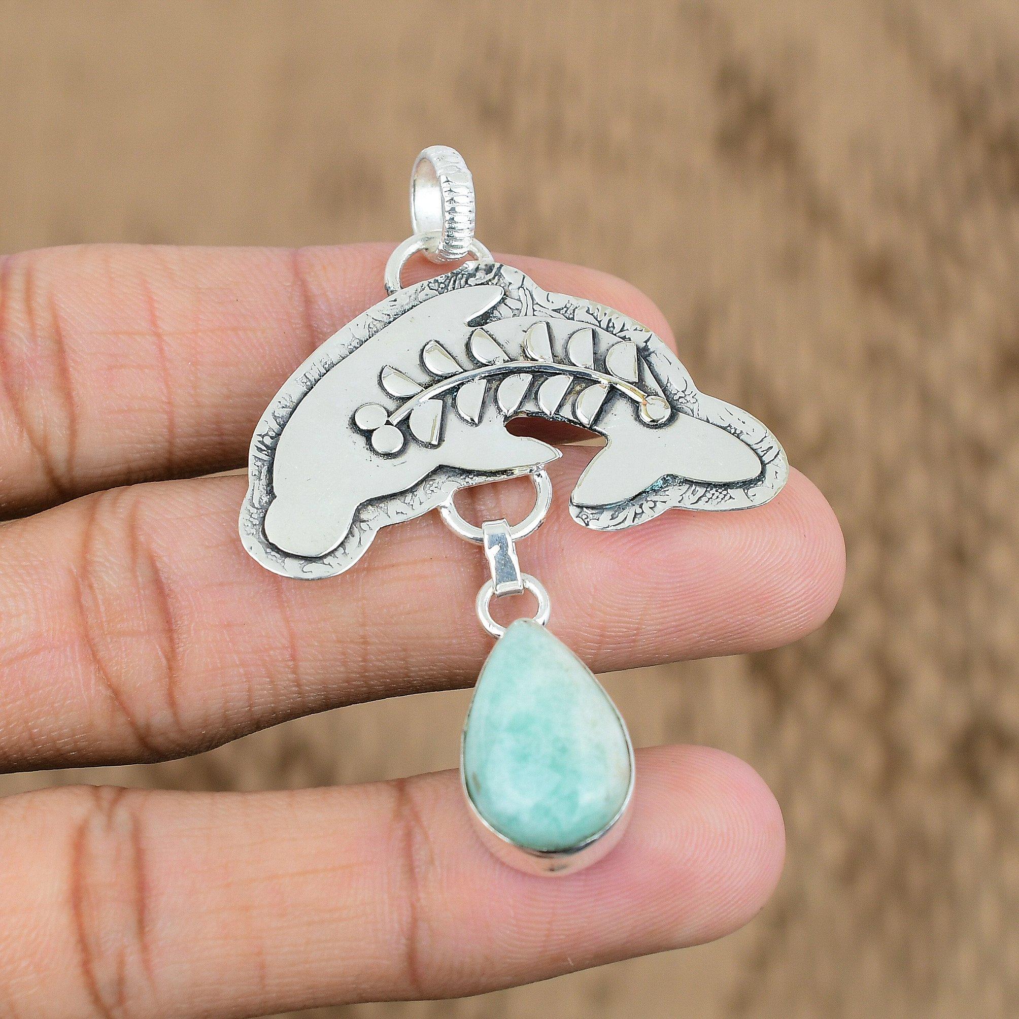 Wedding Gift For Her 925 Sterling Silver Natural Amazonite Gemstone Pendant Fish