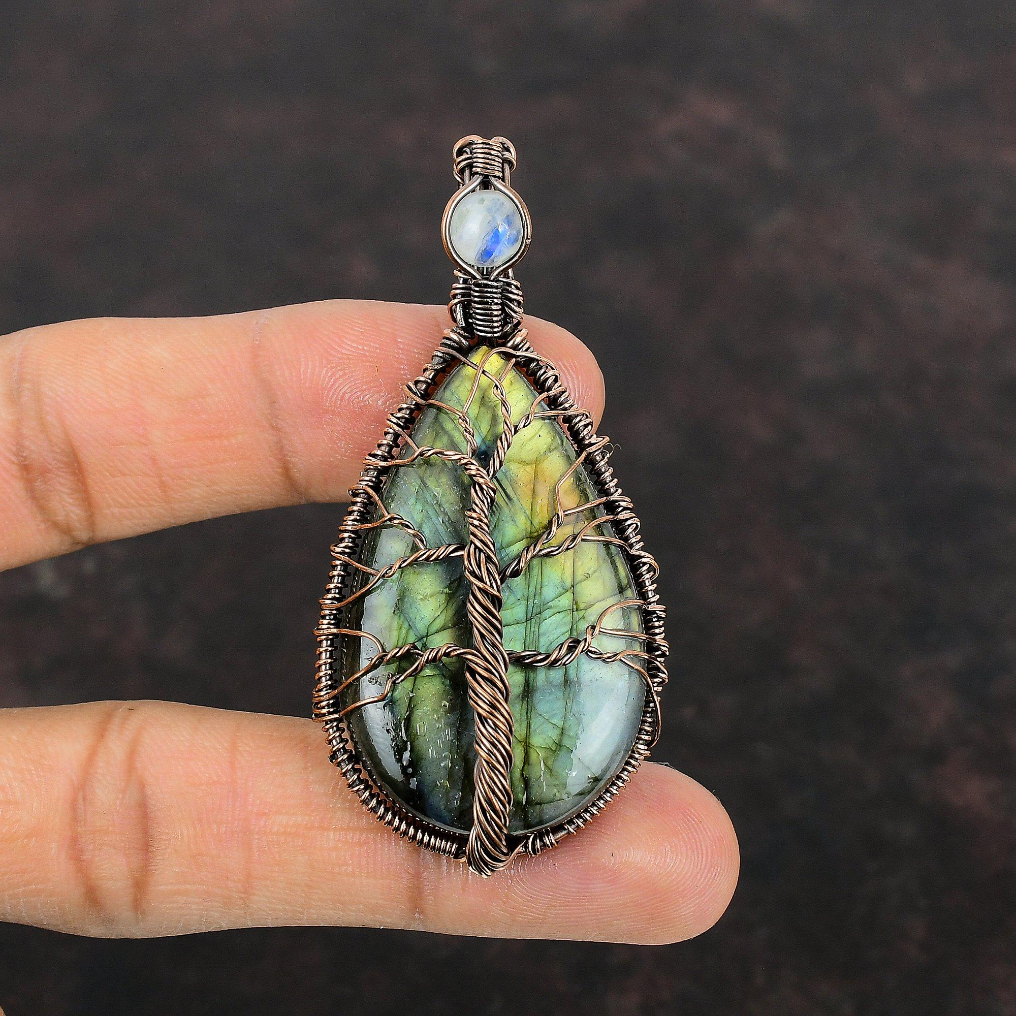Tree Of Life Labradorite Pendant Copper Wire Wrapped Rainbow Moonstone Pendant Handmade Gemstone Pendant Antique Copper Jewelry Gift For Him