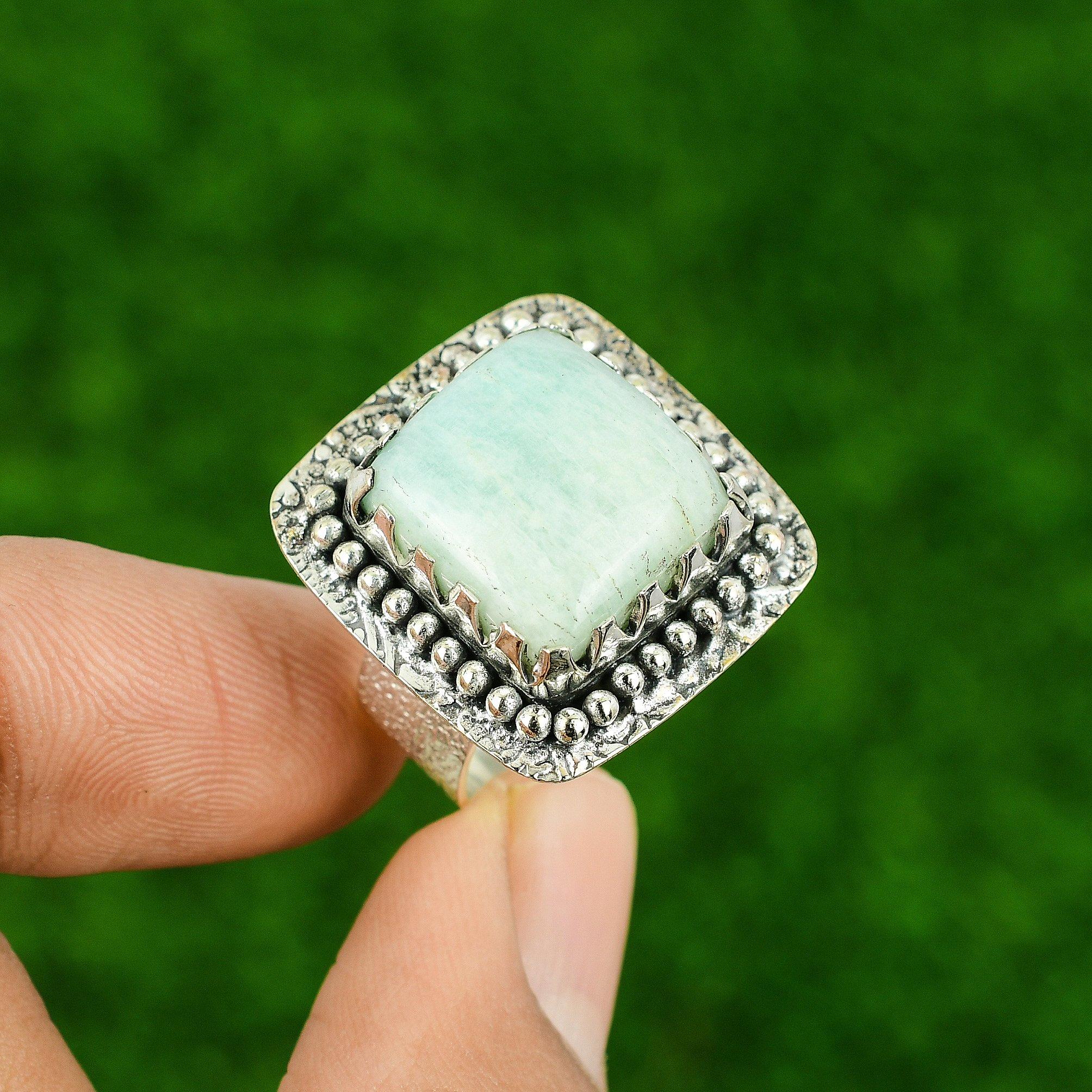 Natural Amazonite Bezel Stackable Ethnic Ring Jewelry 925 Sterling Silver US 9.5