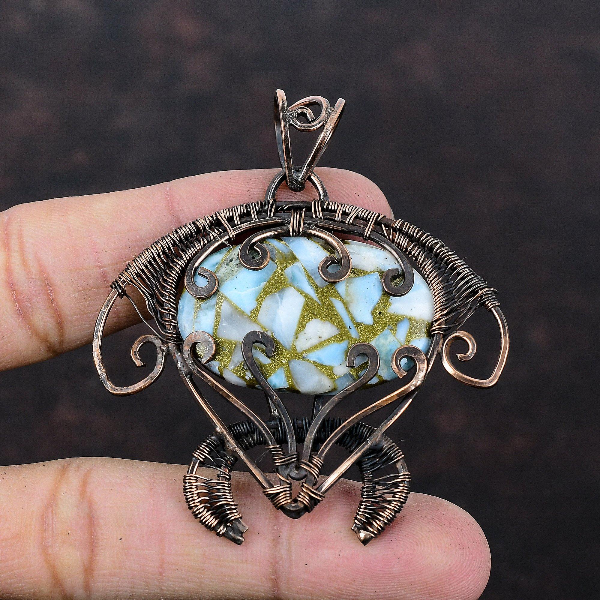 Kupfer Larimar Anhänger Kupferdraht umwickelter Anhänger Handgefertigter Kupferschmuck Schildkröte Designer Anhänger Drahtwickel Edelsteinschmuck Geschenk für Sie