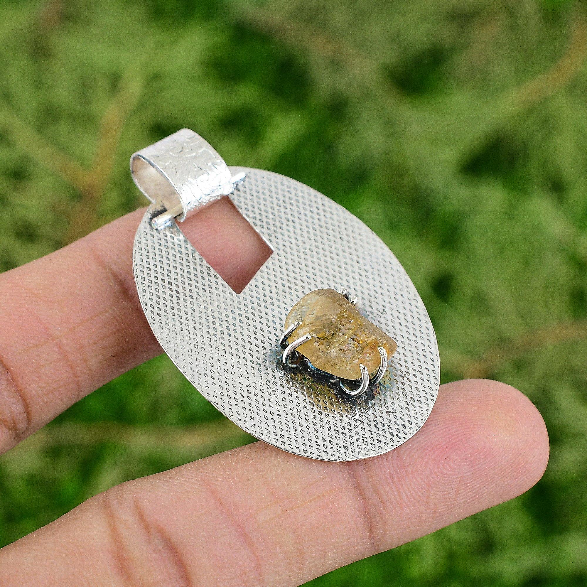 Sterling Silver Oktagon November Naturlig Citrin Rå Infattning Nytt Hänge Smycken