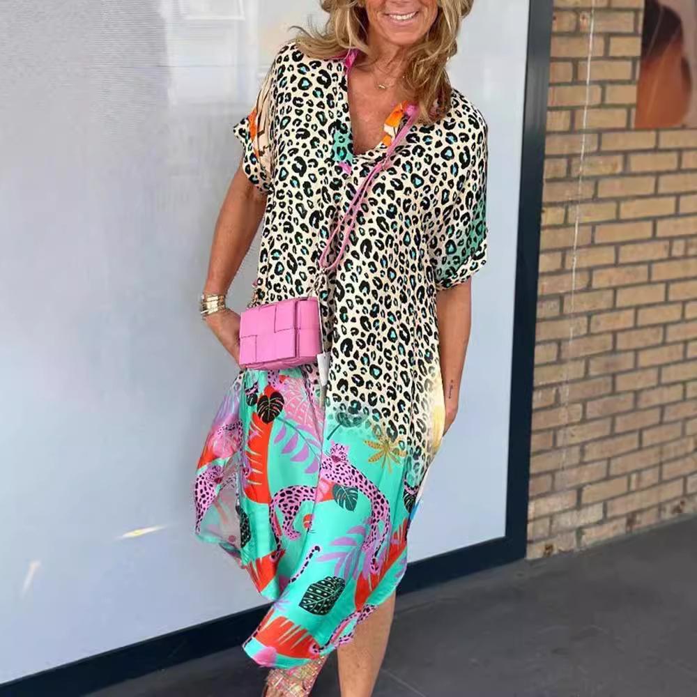Leopard Print Patchwork Dresses Women V-neck Short Sleeves Pocket Loose Slit Midi Dress