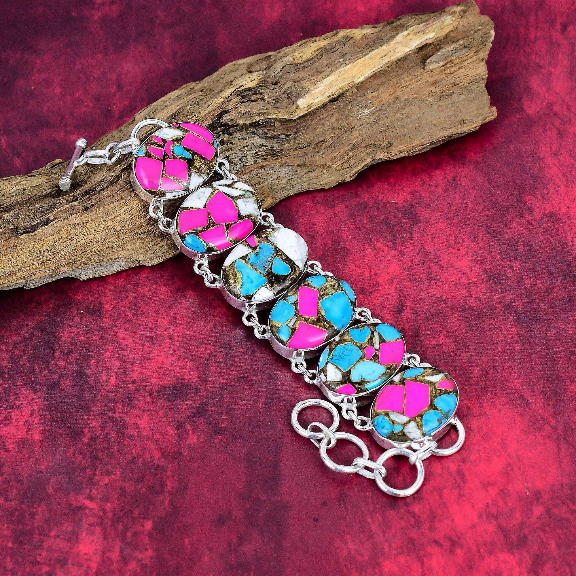 Cotton Candy Turquoise 925 Solid Sterling Silver Bracelet with Adjustable Chain, Handmade Gemstone Designer Jewelry Bracelet