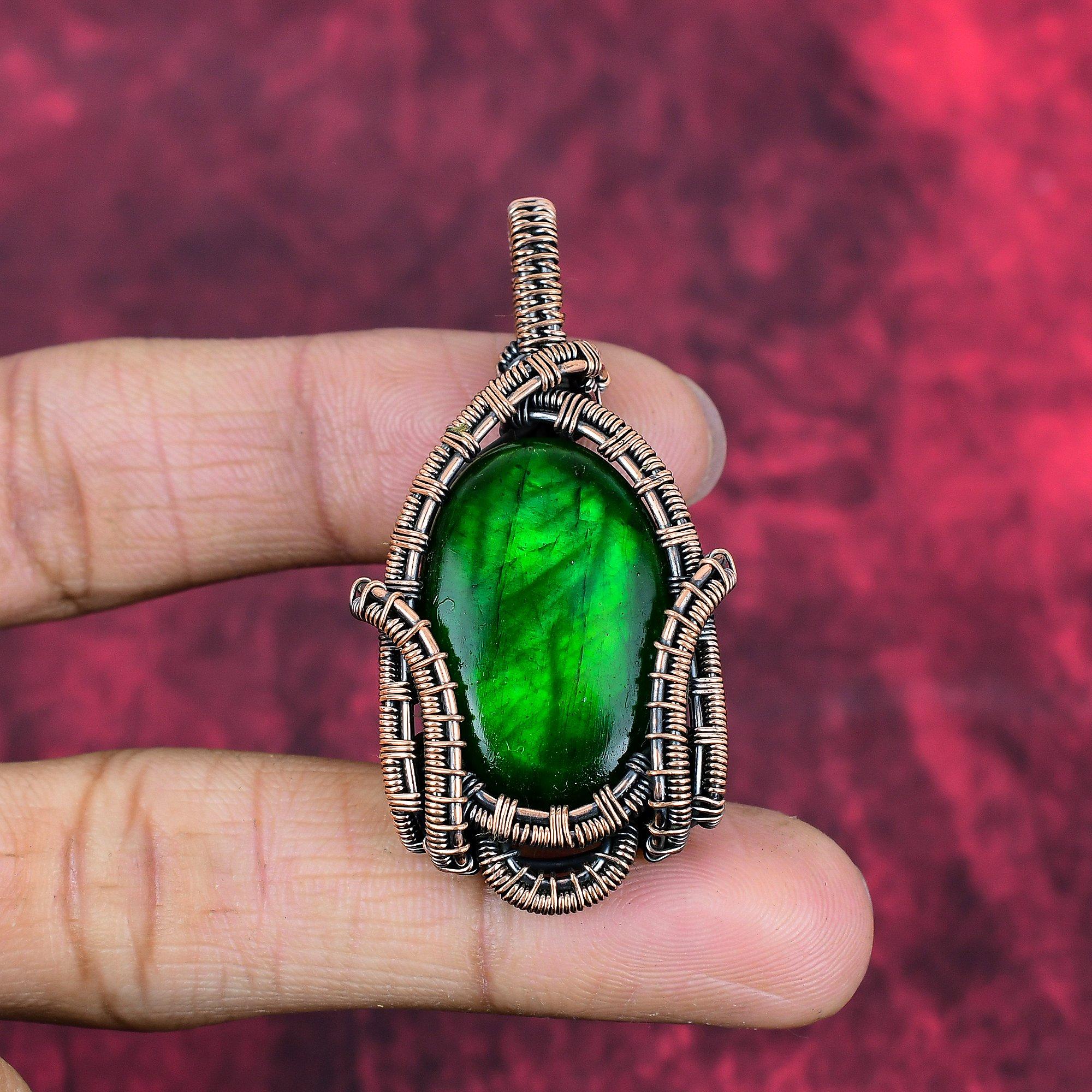Green Fire Labradorite Pendant Copper Wire Wrapped Gemstone Pendant Copper Jewelry Handmade Boho Pendant Gifts for Wife Wire Wrapped Jewelry