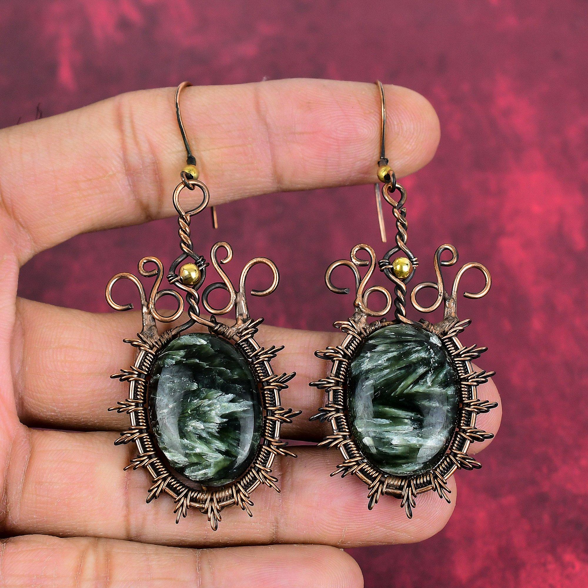 Seraphinite Gemstone Earrings Copper Wire Wrapped Earring Handmade Dainty Earring Copper Wire Jewelry Amazing Drop Earring Anniversary giftS