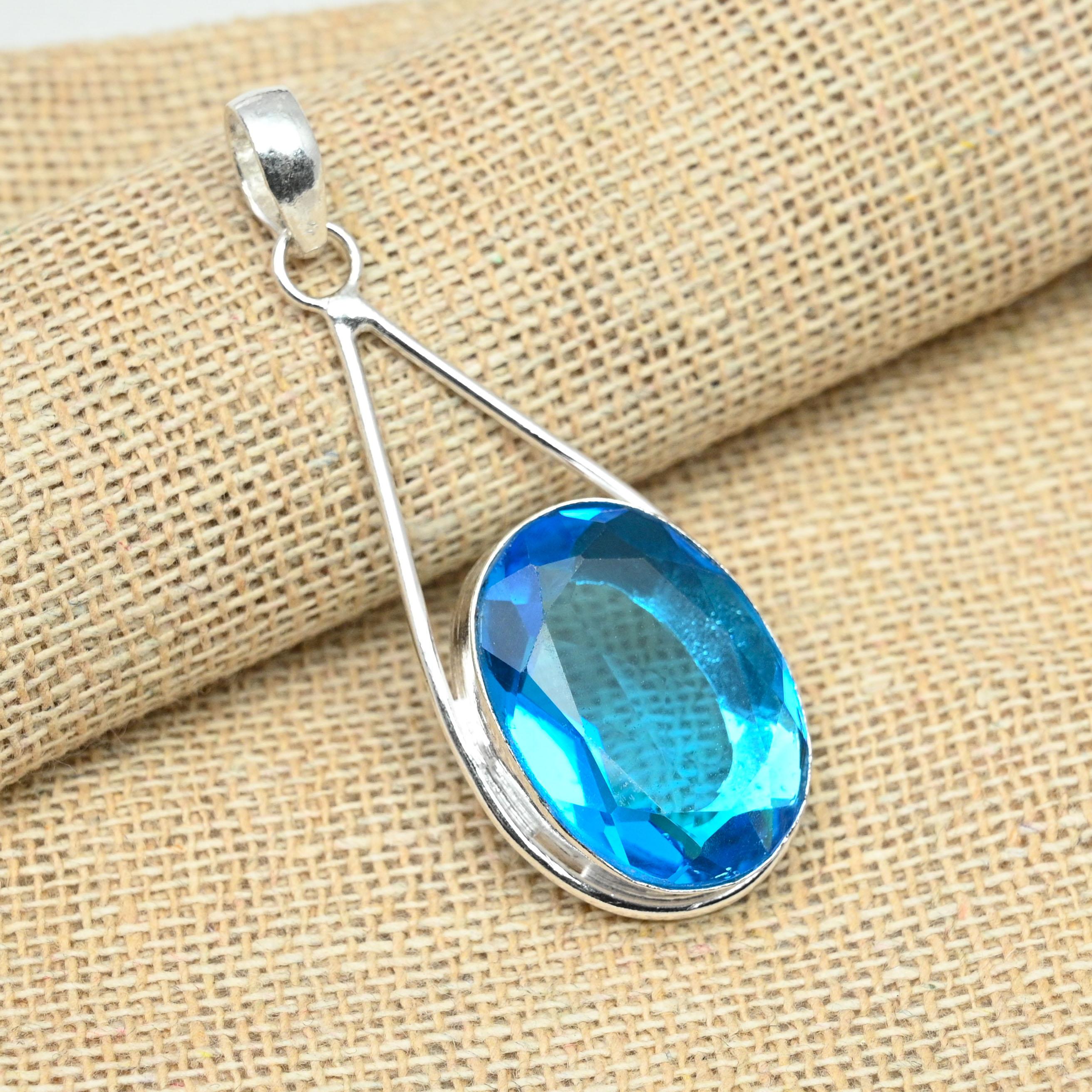 Blue Topaz Gemstone 925 Solid Sterling Silver Handmade Charming Pendant Jewelry