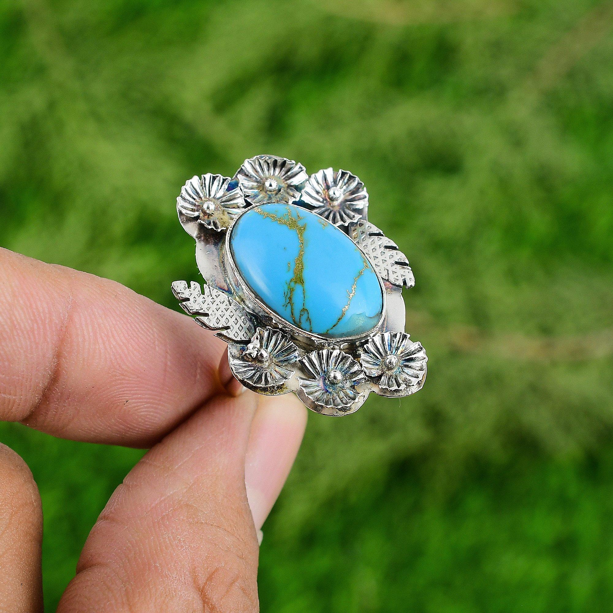 Natural Copper Arizona Turquoise Solitaire Flower Adjustable Ring 925 Silver