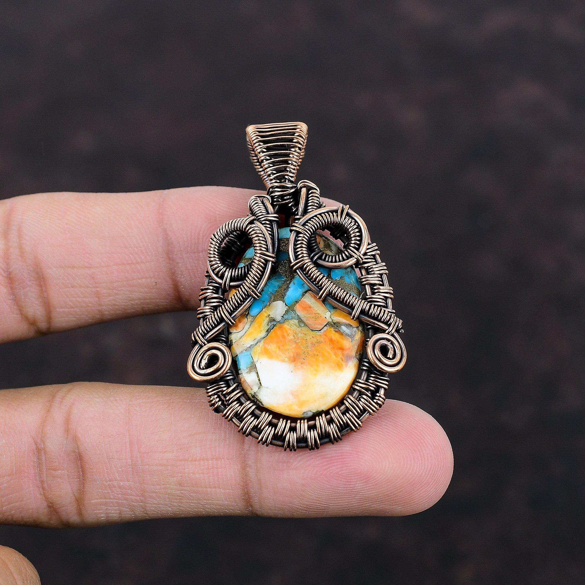 Spiny Oyster Copper Turquoise Pendant Copper Wire Wrapped Pendant Handmade Jewelry Gemstone Pendant Designer Copper Jewelry Anniversary Gift
