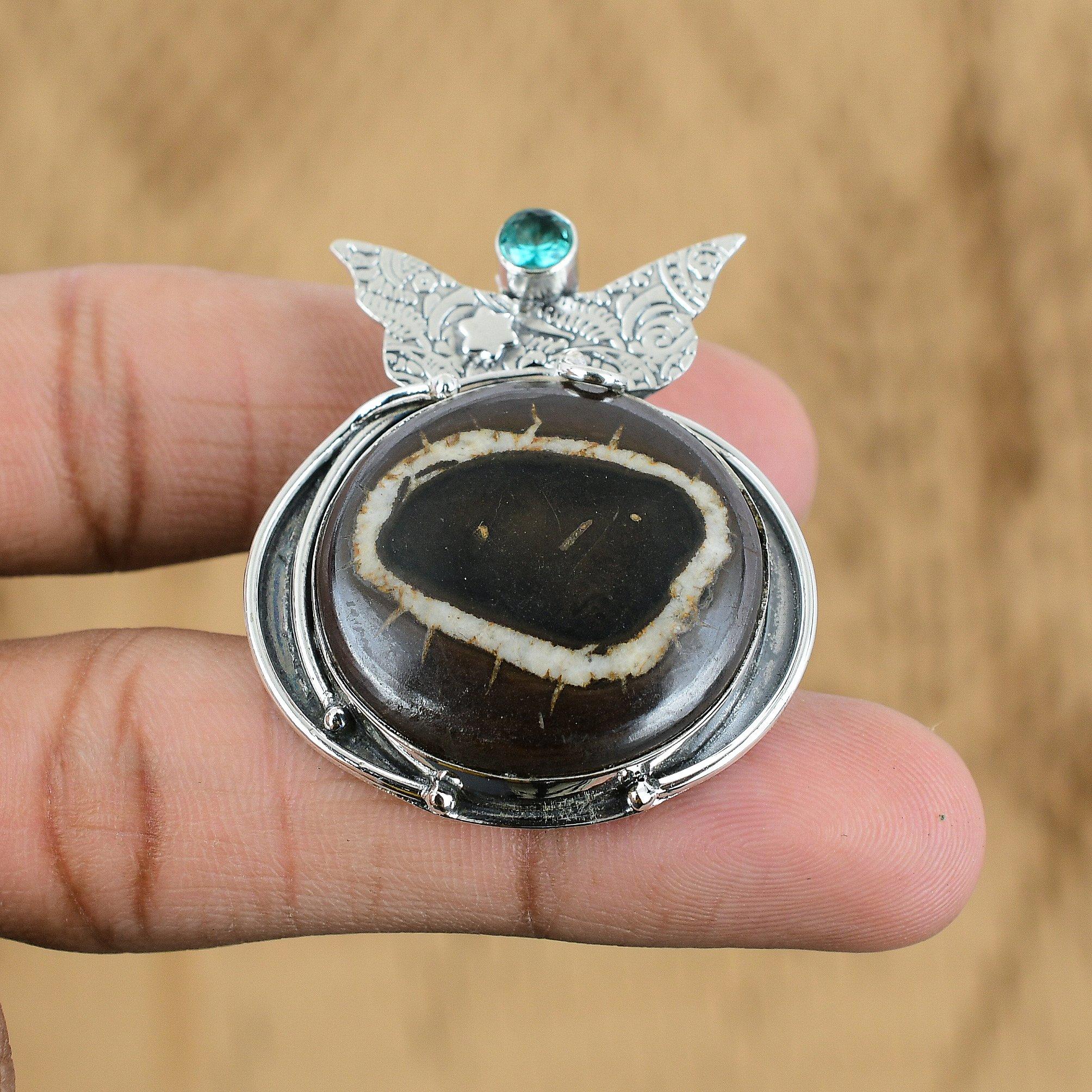 Moroccan Mud Crack Fossil Gemstone Swiss Blue Topaz Pendant Jewelry 925 Silver