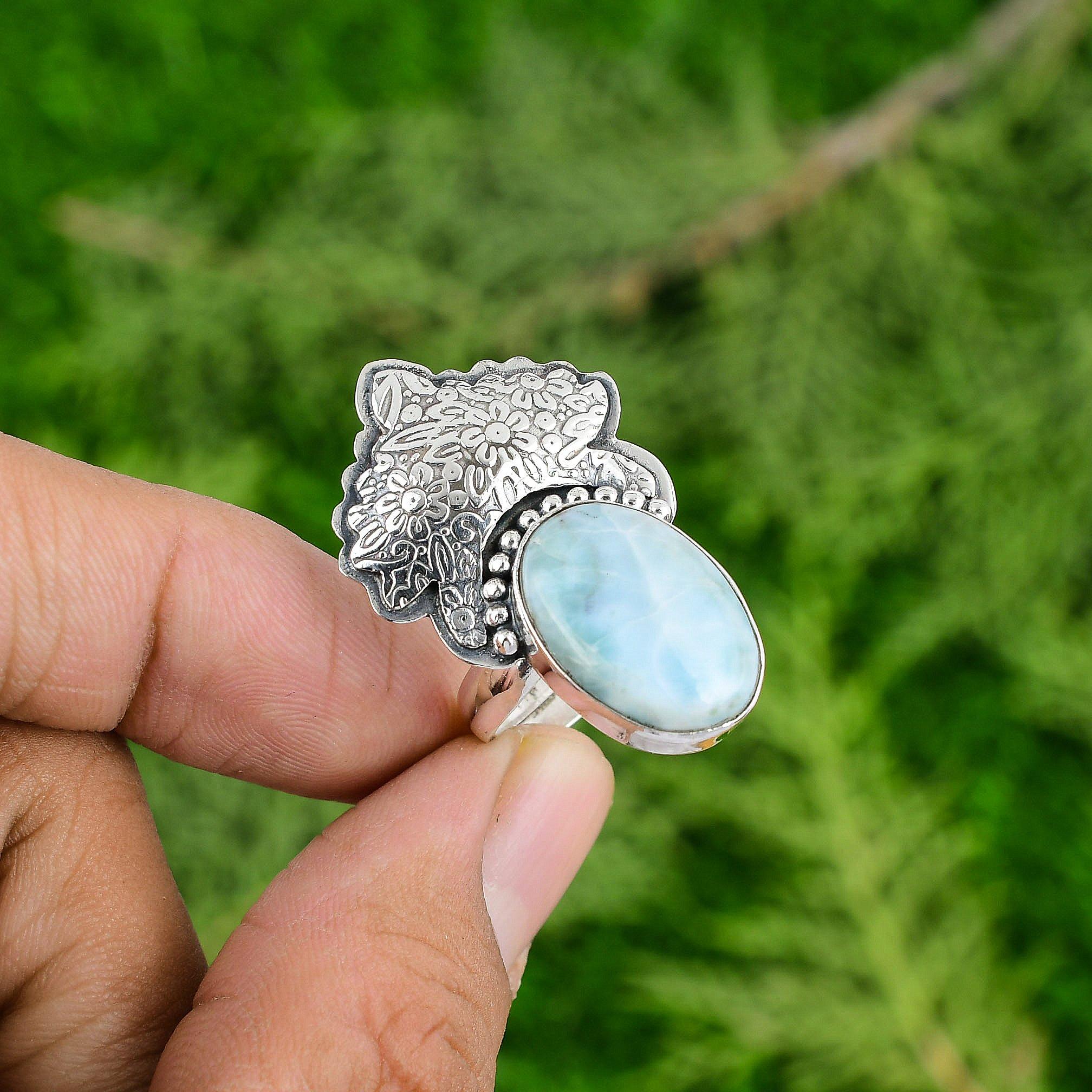 Easter Sale Natural Larimar 925 Sterling Silver Promise Statement Ethnic Ring