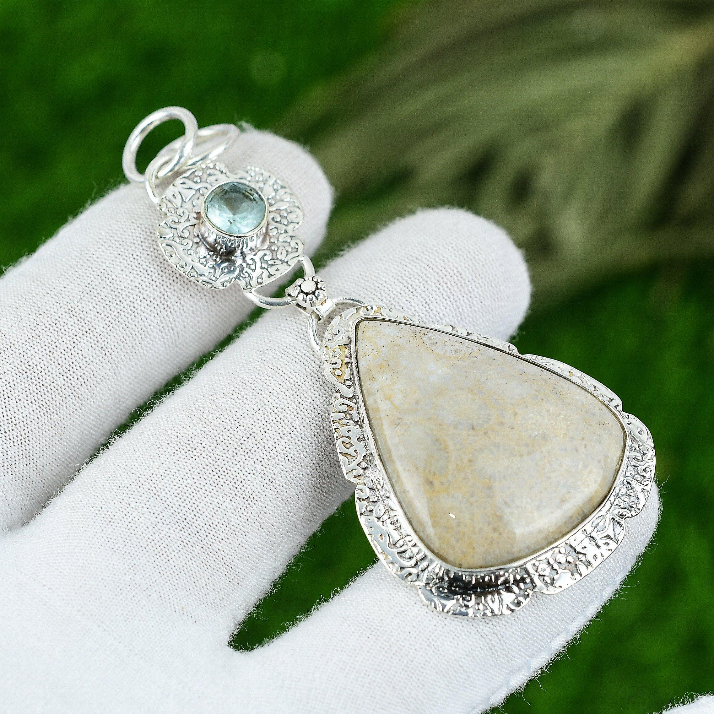 Natural Fossil Coral Gemstone Pendant 925 Sterling Silver Indian Jewelry