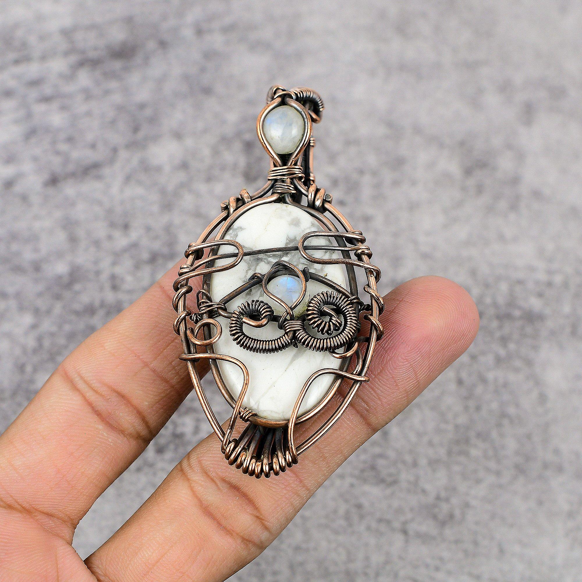 Howlith & Regenbogen-Mondstein 999 Kupferdraht gewickelter Anhänger, Handgefertigter Edelsteinanhänger Schmuck, Geschenke für Ehefrau Brandneuer Anhänger