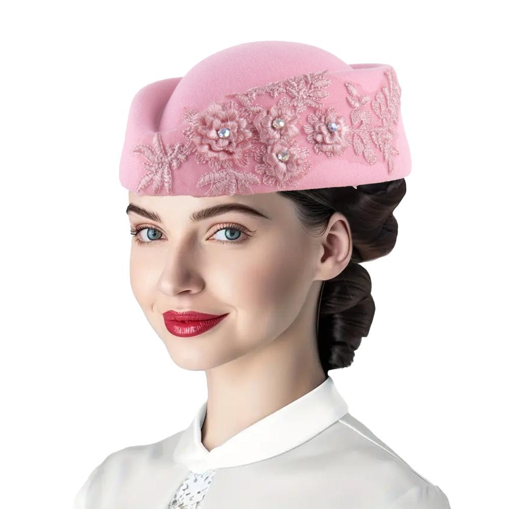 Felt Turban Hat Vintage Rhinestone Flower Church Beret Hats Women Stewardess Party Cosplay Cap Costume Accessory