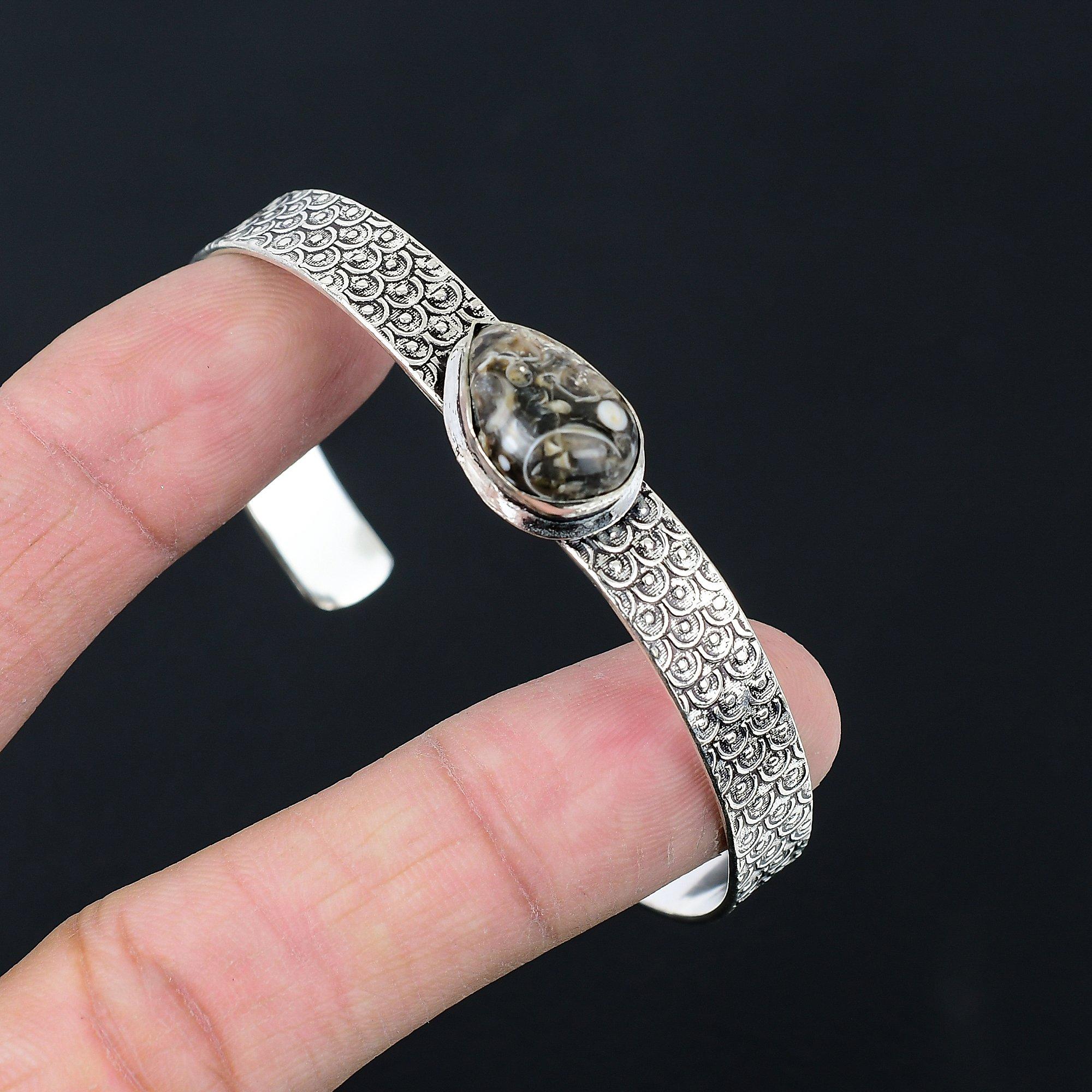 Sterling Silver Pear Natural Turritella Agate Sister Elegant Handcrafted Bangle