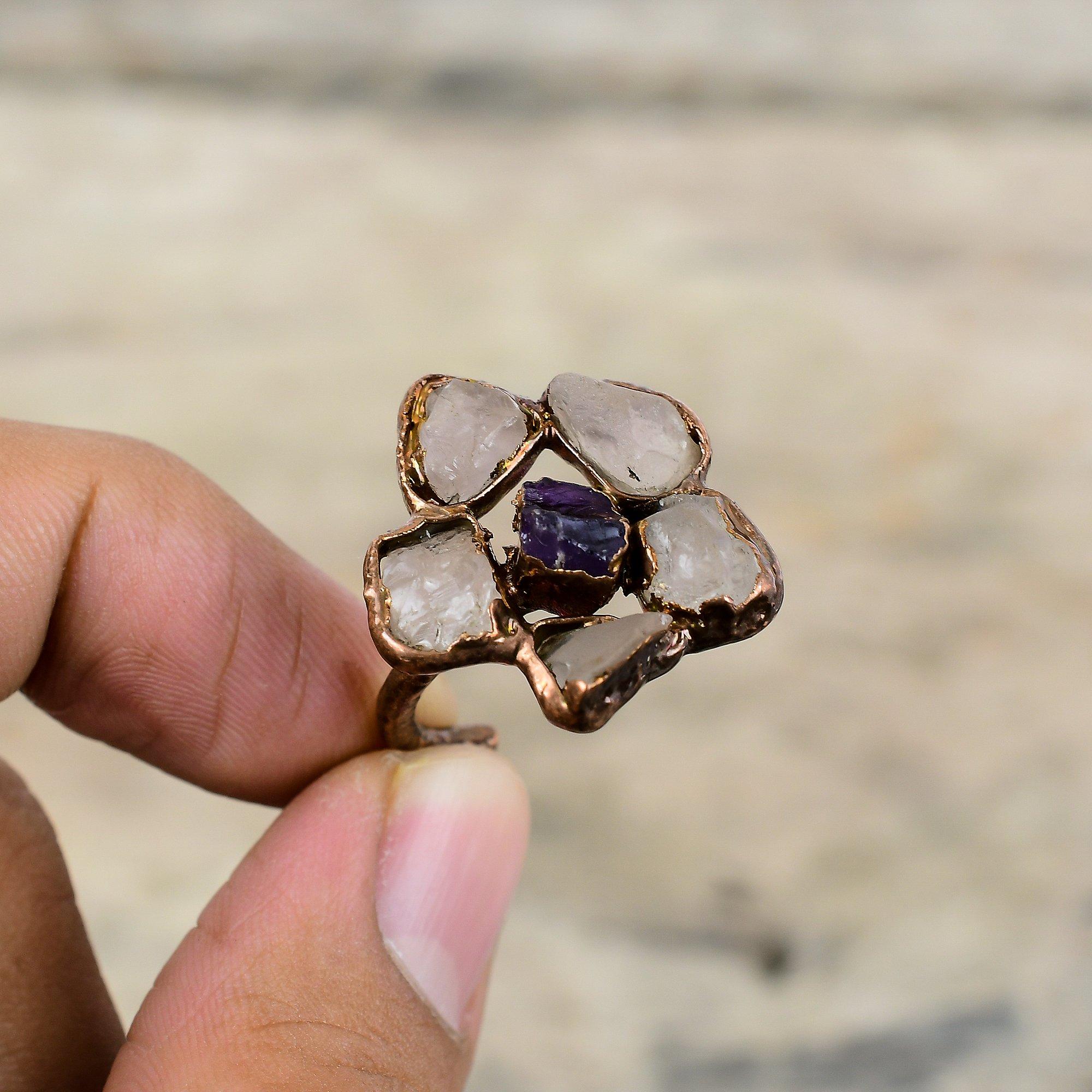 Rose Quartz Rough Ring African Amethyst Rough Ring Electroformed Copper Ring Adjustable Ring Natural Gemstone Jewelry Handmade Ring For Gift