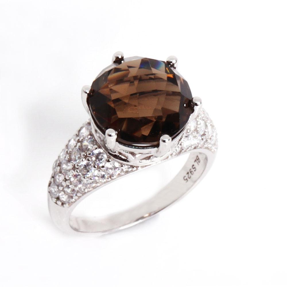 Klasyczny pierścionek ze srebra próby 925 Prawdziwe kamienie szlachetne Naturalny okrągły 12,0 mm Smoky Duży rozmiar Wykwintna biżuteria dla kobiet na prezent na przyjęcie urodzinowe