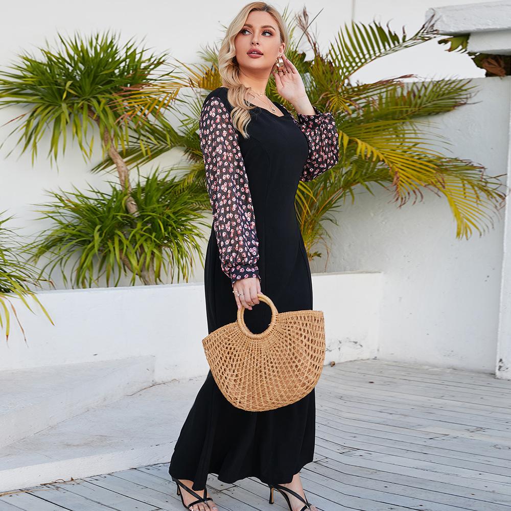 Large Size Women's Dress Spring and Autumn Square Neck Printed Long Sleeve Long Elegant Dresses