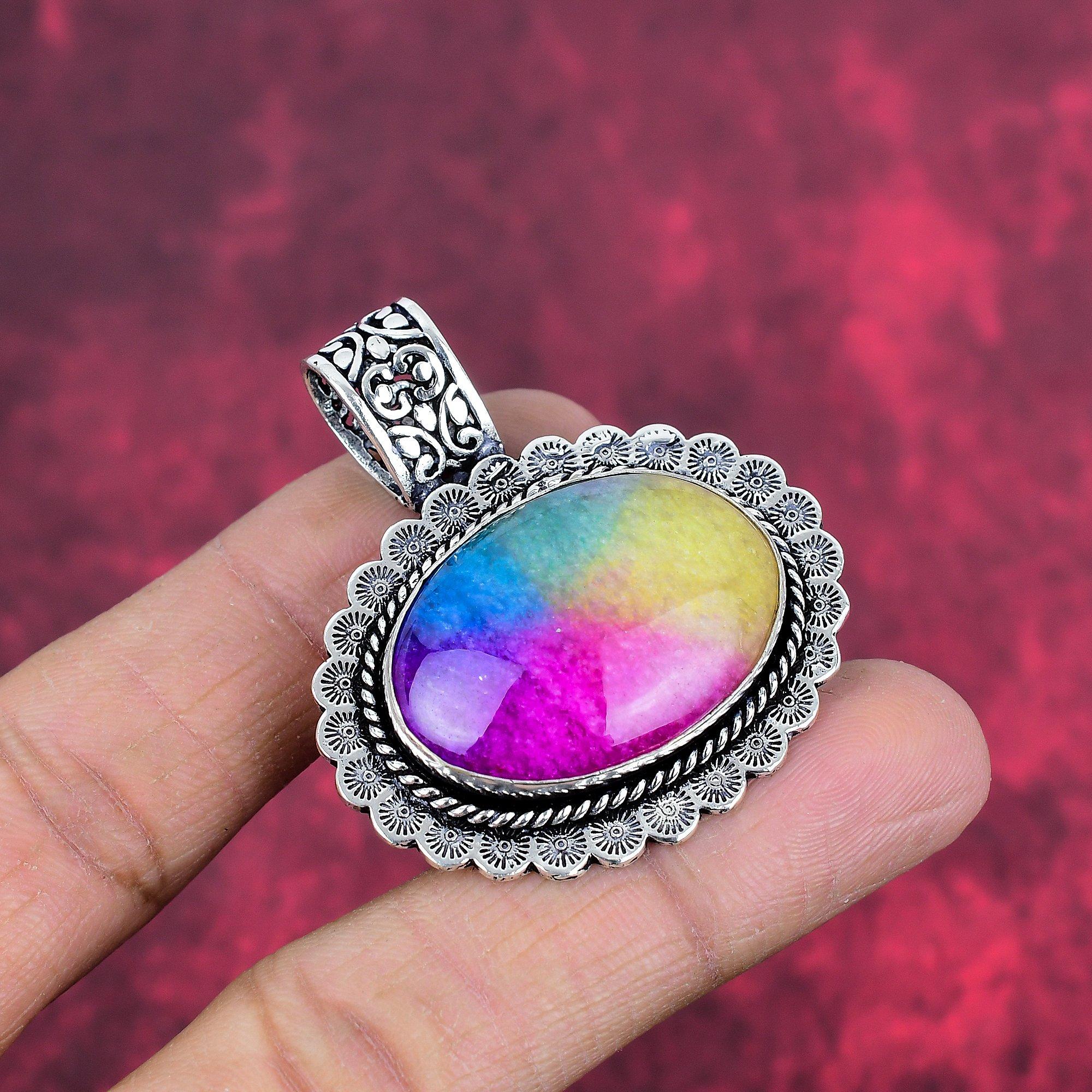 Pendentif en argent sterling massif 925 et quartz solaire arc-en-ciel, bijou fait main en pierres précieuses, cadeau pour femme.