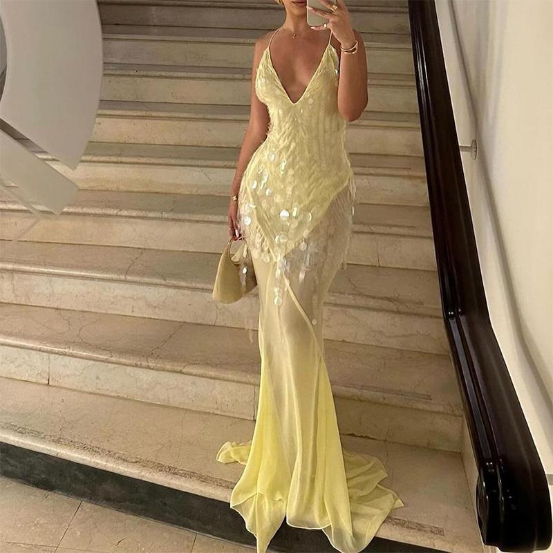 Sexy Hollow Sequin Sleeveless High Waist Evening Dress Casual Off Shoulder Deep V Slim Suspender Long Dresses