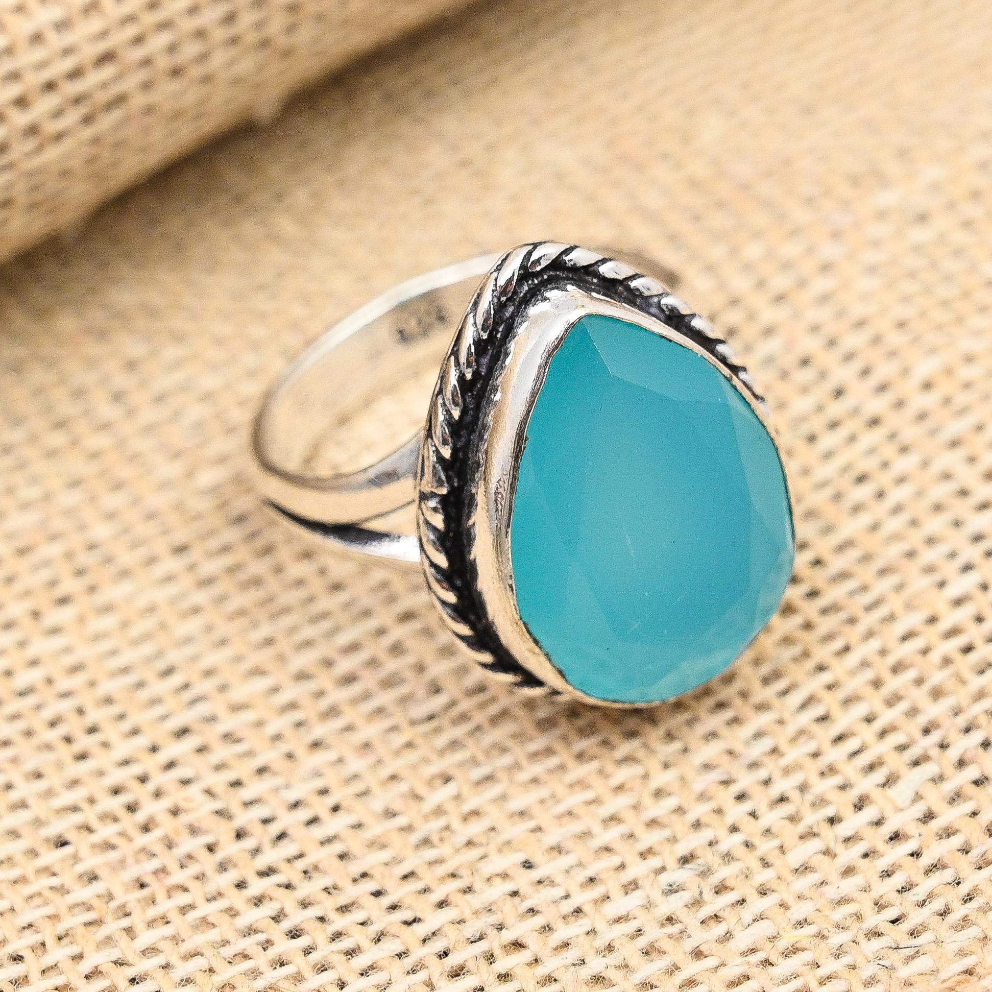 Blue Chalcedony Gemstone Handmade 925 Sterling Silver Ring Jewelry For Love